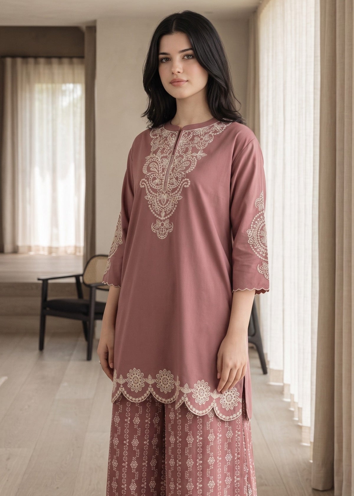 Tea Rose Pink Embroidered Lawn Cotton Kurta Set Online in Dubai DXB UAE Abudhabi Meena Bazaar