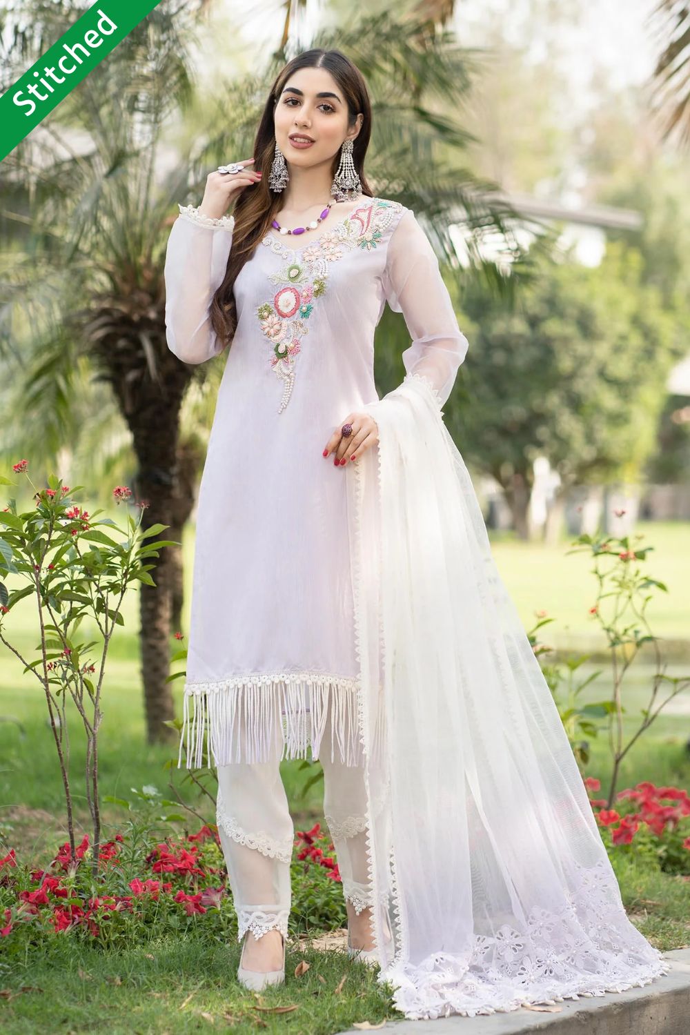 Hand Embroidered Cotton Suit with Pearl Work