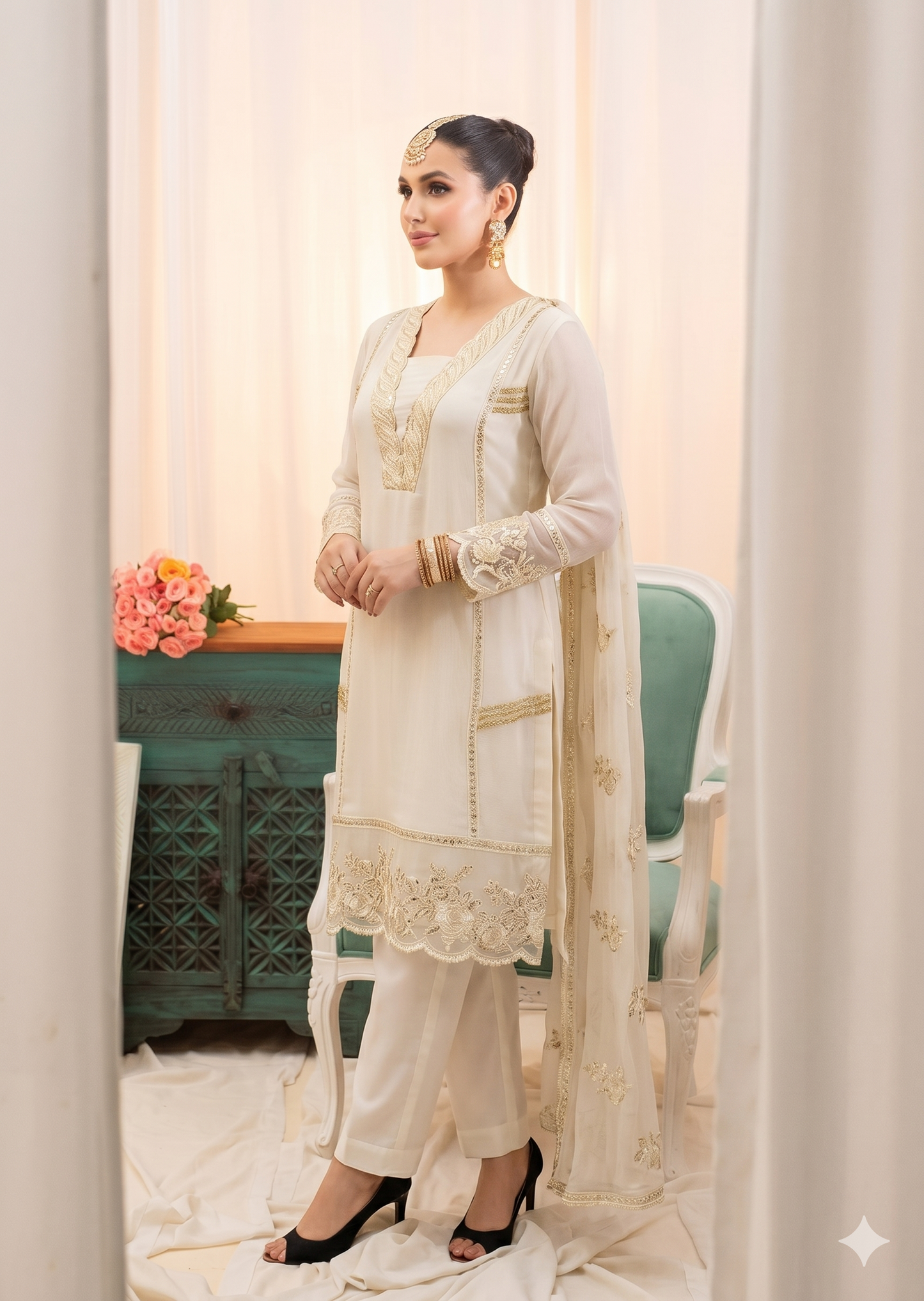 Cream Bemberg Crinkle Chiffon Dupatta Embroidered Suit Online in Dubai UAE Abudhabi Ajman Sharjah