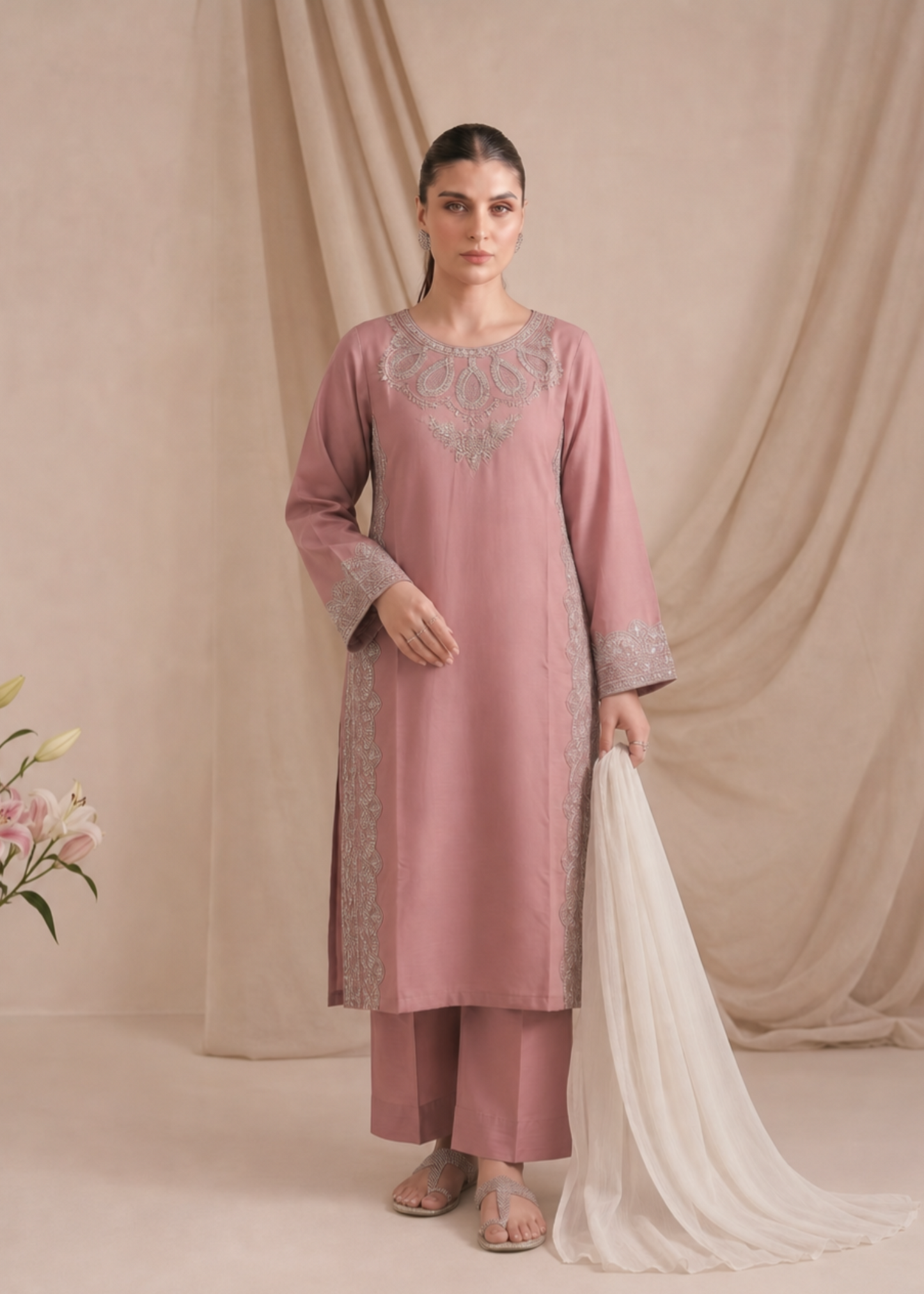 Daily Wear Baby Pink Lawn Kurta with Trouser and Dupatta Online in Sri Lanka India Australia