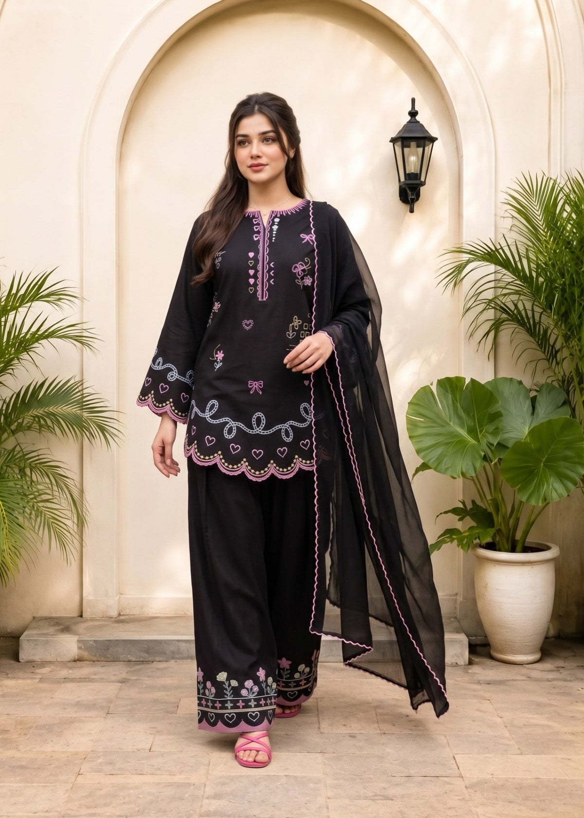 Daily Wear Black Embroidered Linen Farshi Shalwar Online in UK USA Canada