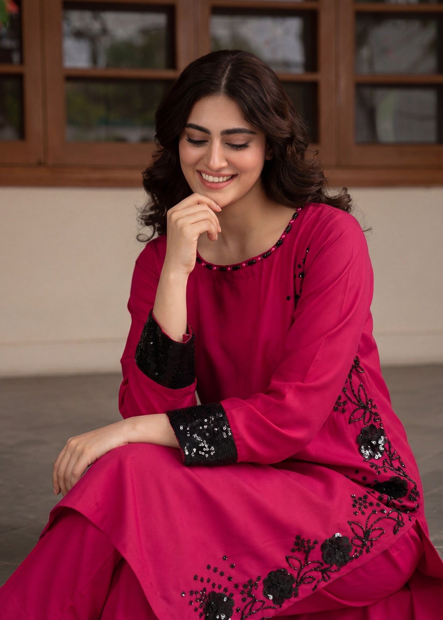 Daily Wear Cherry Red Sequined Pakistani Suit Online in Dubai UAE Abudhabi Ajman Sharjah