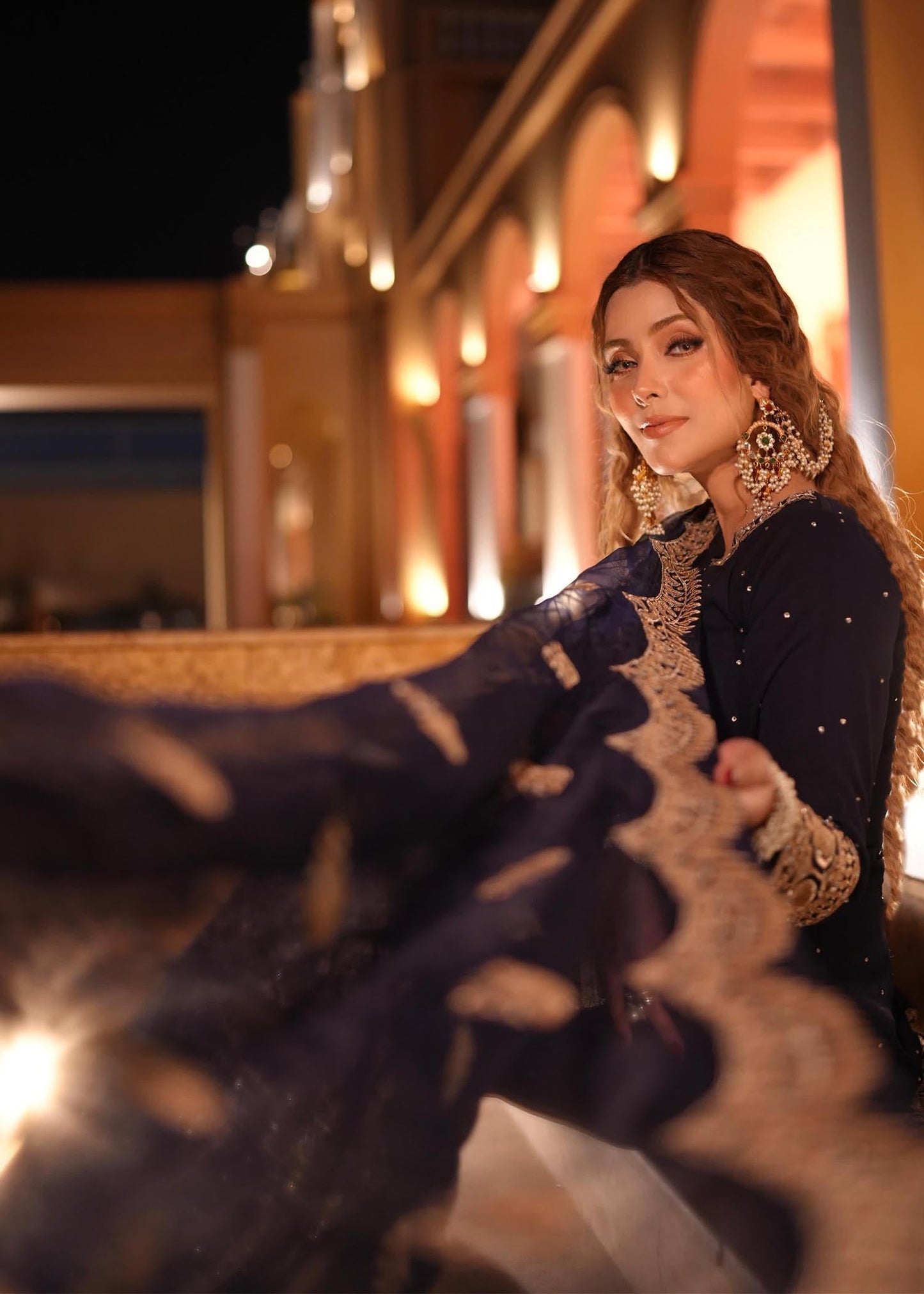 Dark Blue Chiffon Gharara with Potli Bag Online in Dubai UAE Abudhabi Ajman Sharjah