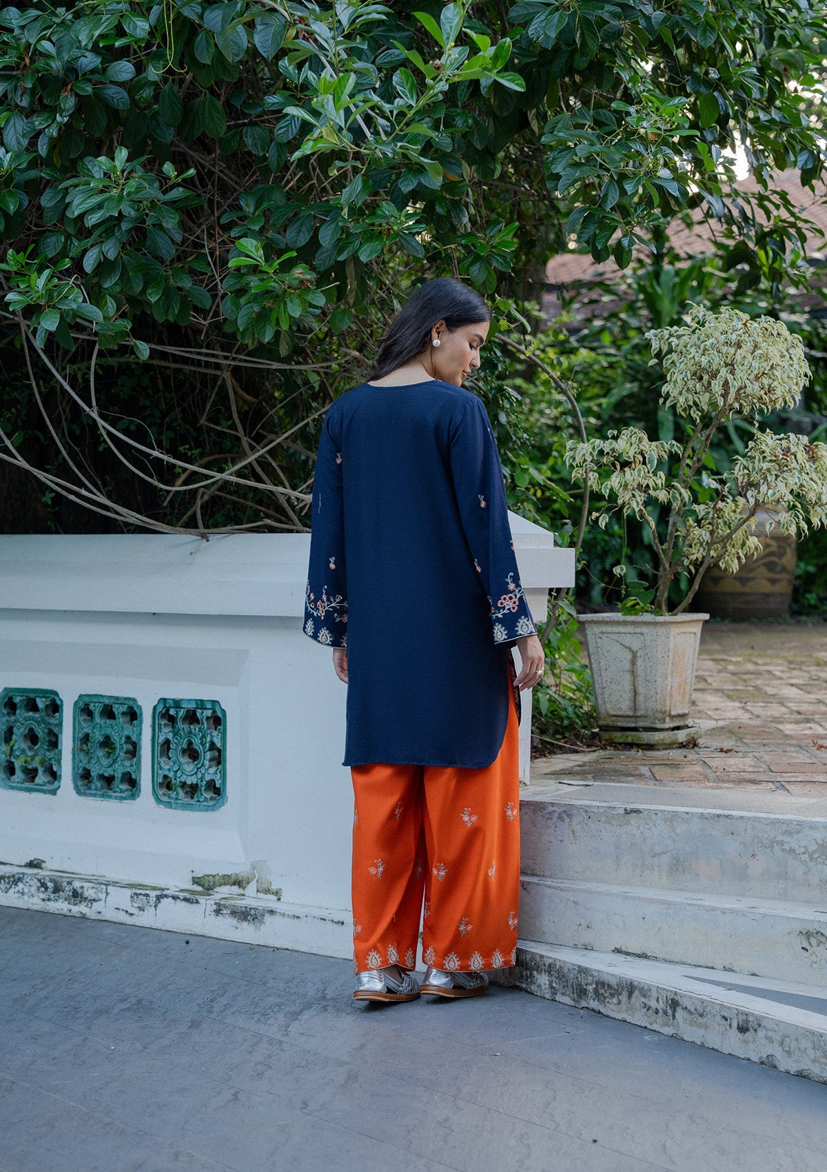 Dark Blue Khaddar Kurta Set with Embroidery Online in UK USA Canada