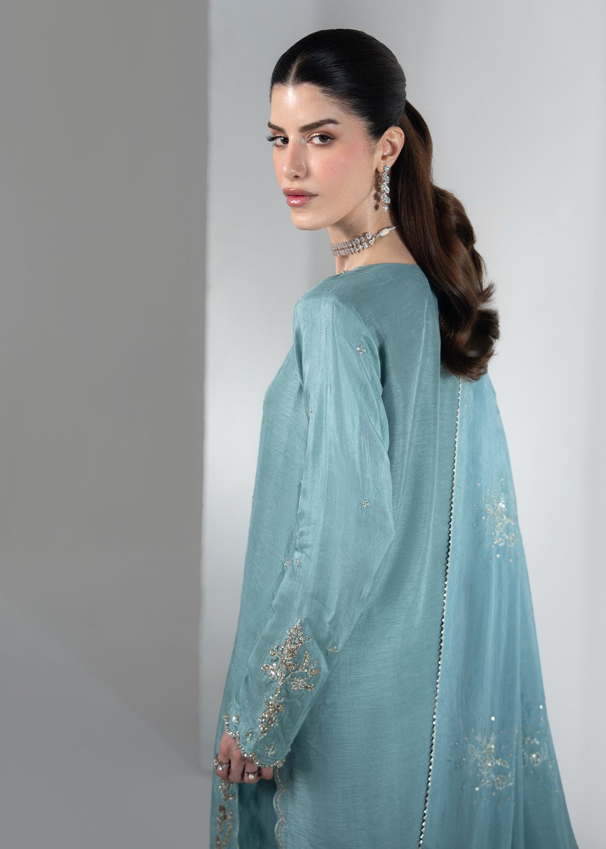 Dark Cyan Embellished Raw Silk Latest Pakistani Suits Online in KSA Riyadh Saudi Arabia Oman Bahrain Qatar