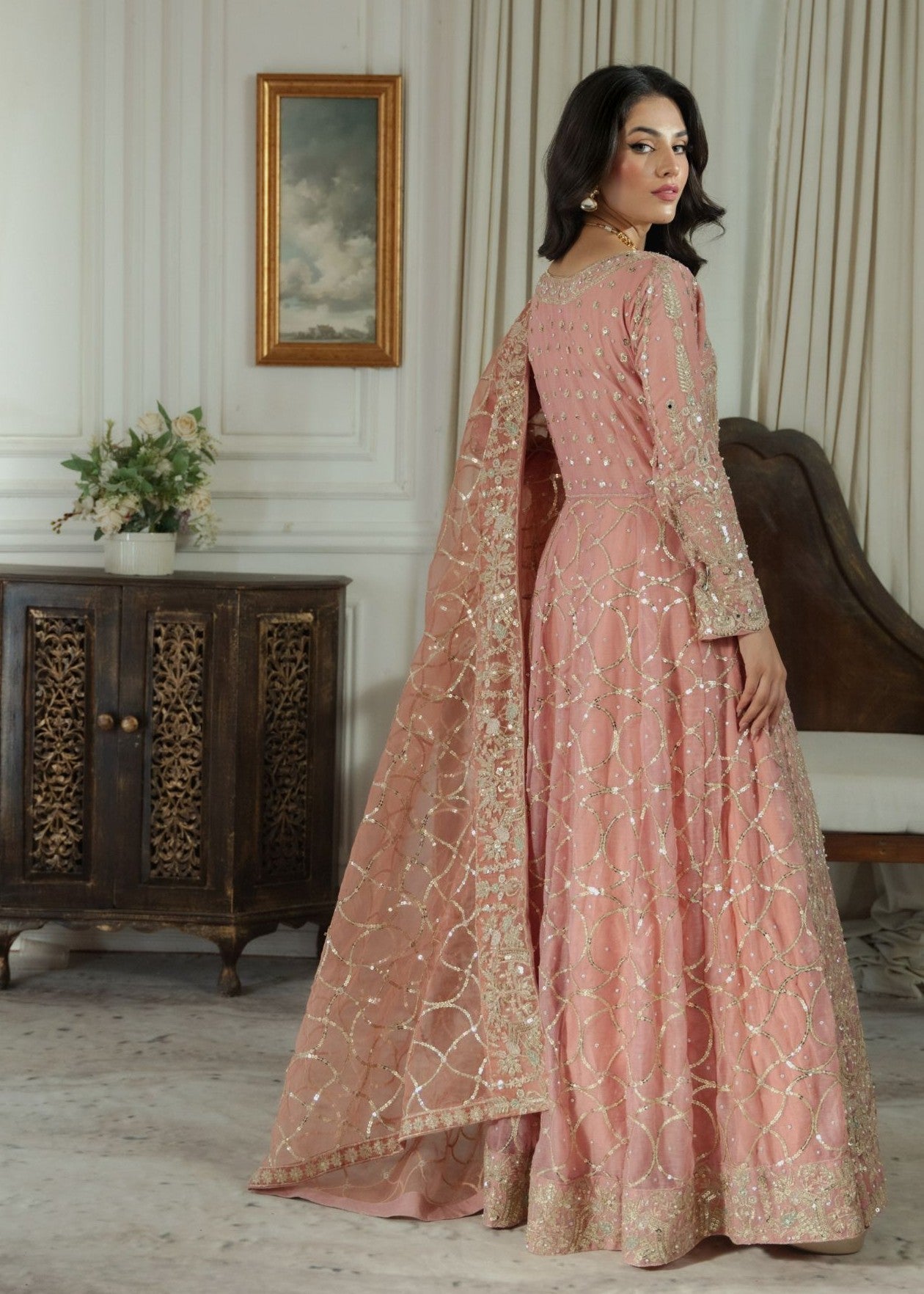 Designer Blush Pink Embroidered Chiffon Anarkali Online in KSA Riyadh Saudi Arabia Oman Bahrain Qatar