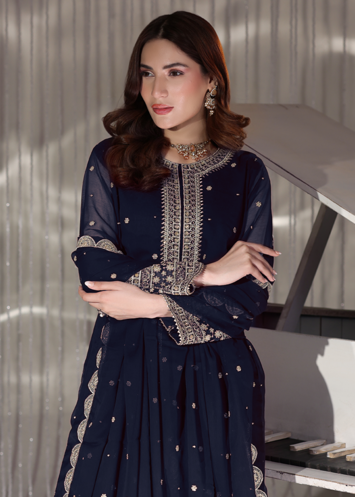 Designer Navy Blue Embroidered Chiffon Lehenga Set Online in KSA Riyadh Saudi Arabia Oman Bahrain Qatar