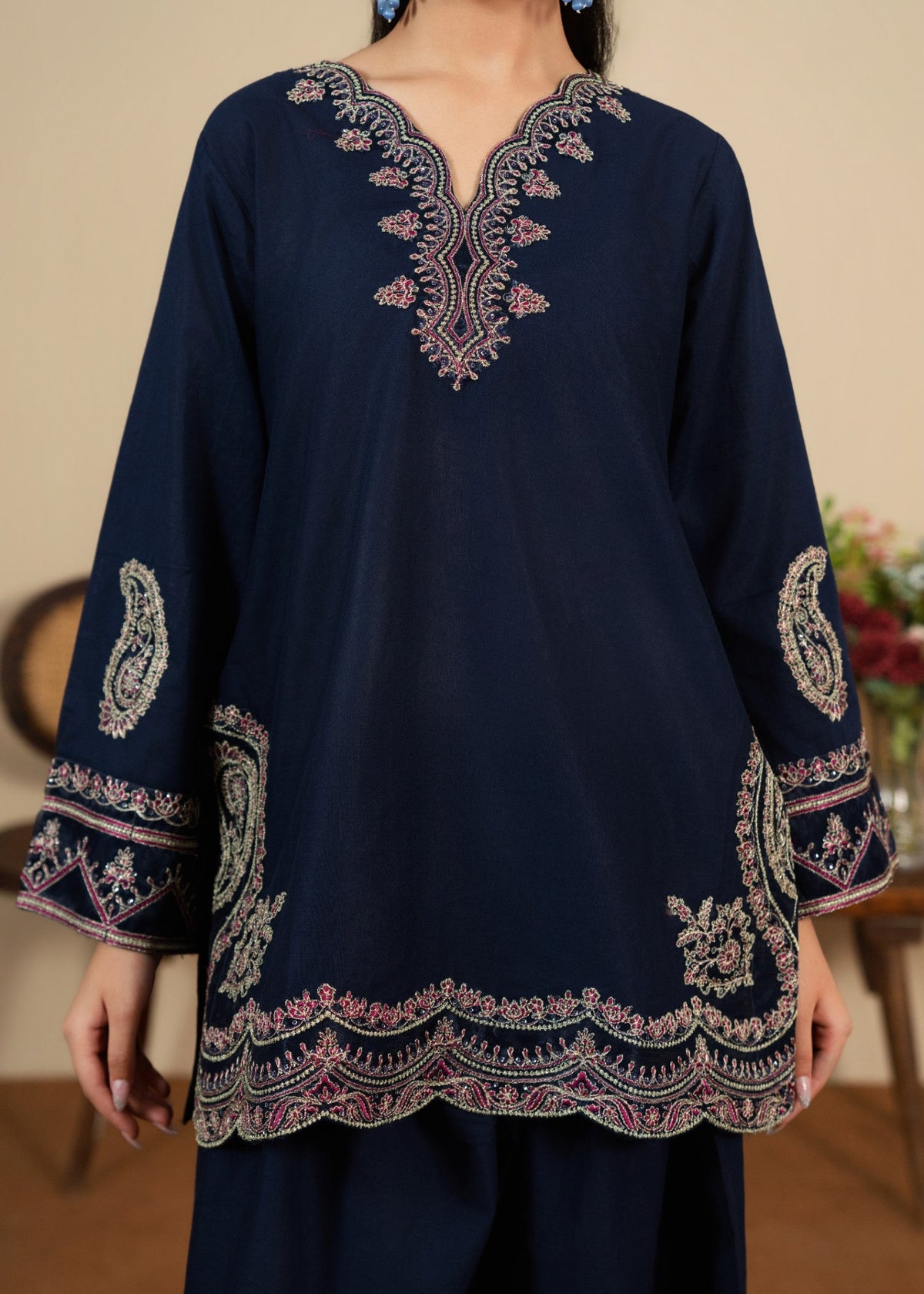 Designer Navy Blue Embroidered Cotton Suit Online in KSA Riyadh Saudi Arabia Oman Bahrain Qatar