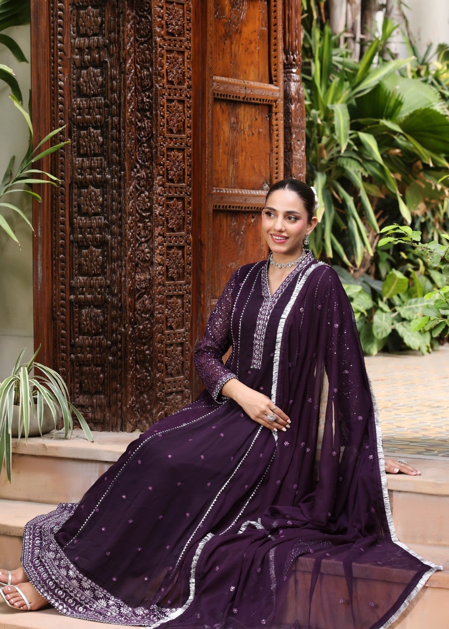 Designer Purple Chiffon Embroidered Pishwas Online in Dubai UAE Abudhabi Ajman Sharjah