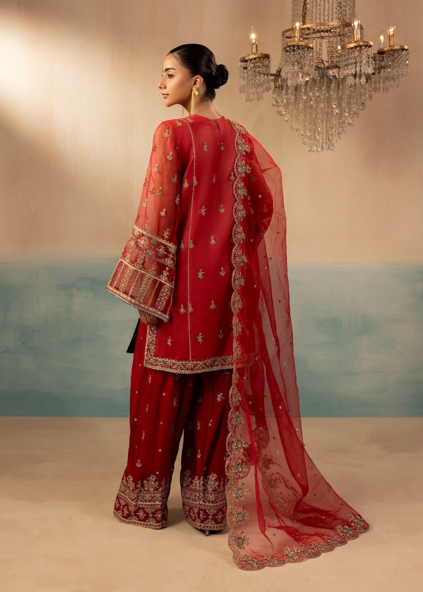Designer Red Embroidered Farshi Shalwar Dupatta Set Online in KSA Riyadh Saudi Arabia Oman Bahrain Qatar