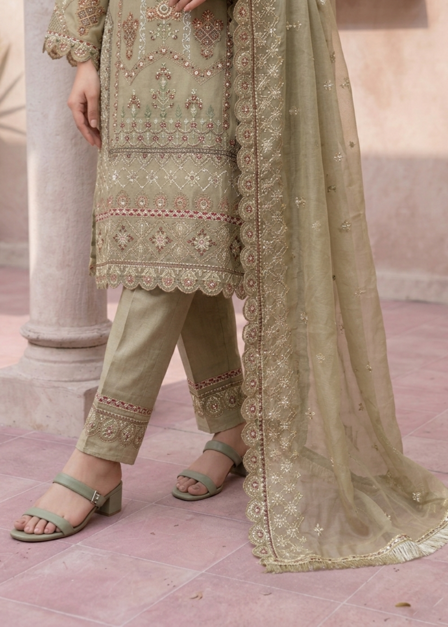 Designer Sage Green Organza Festive Suit Online in KSA Riyadh Saudi Arabia Oman Bahrain Qatar
