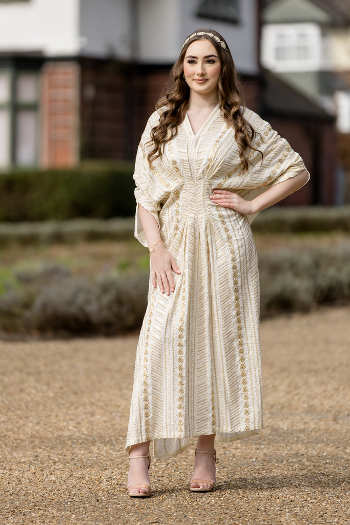 Cream White Sequins Embroidered Kaftan