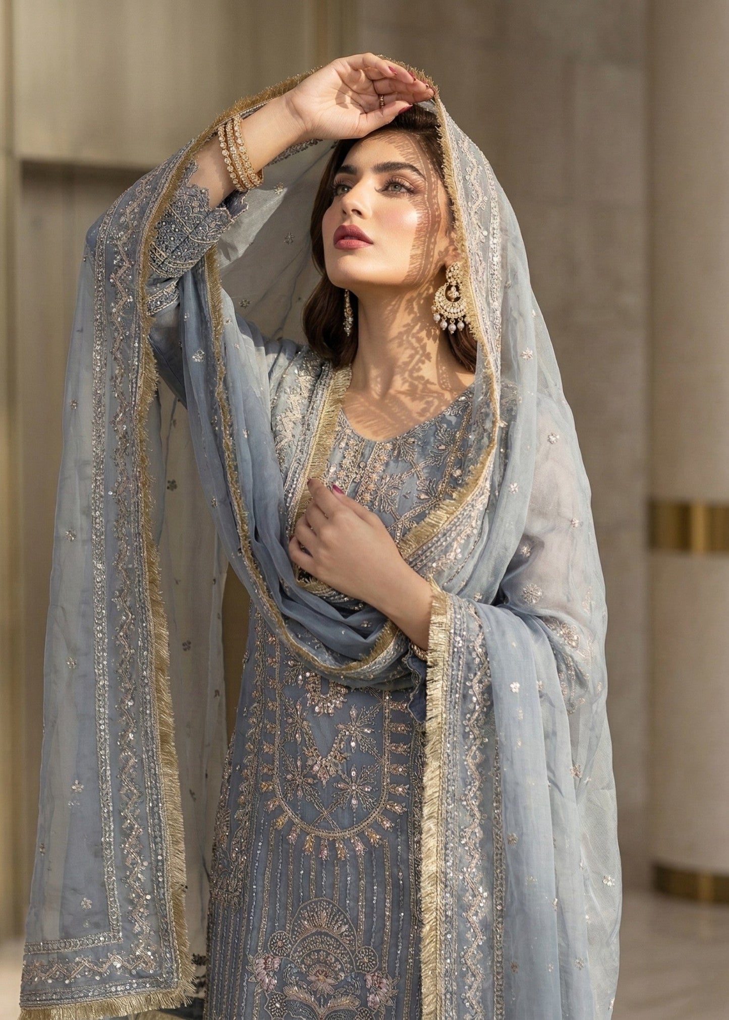 Duck Egg Grey Embroidered Organza Party Wear Online in Sri Lanka India Australia