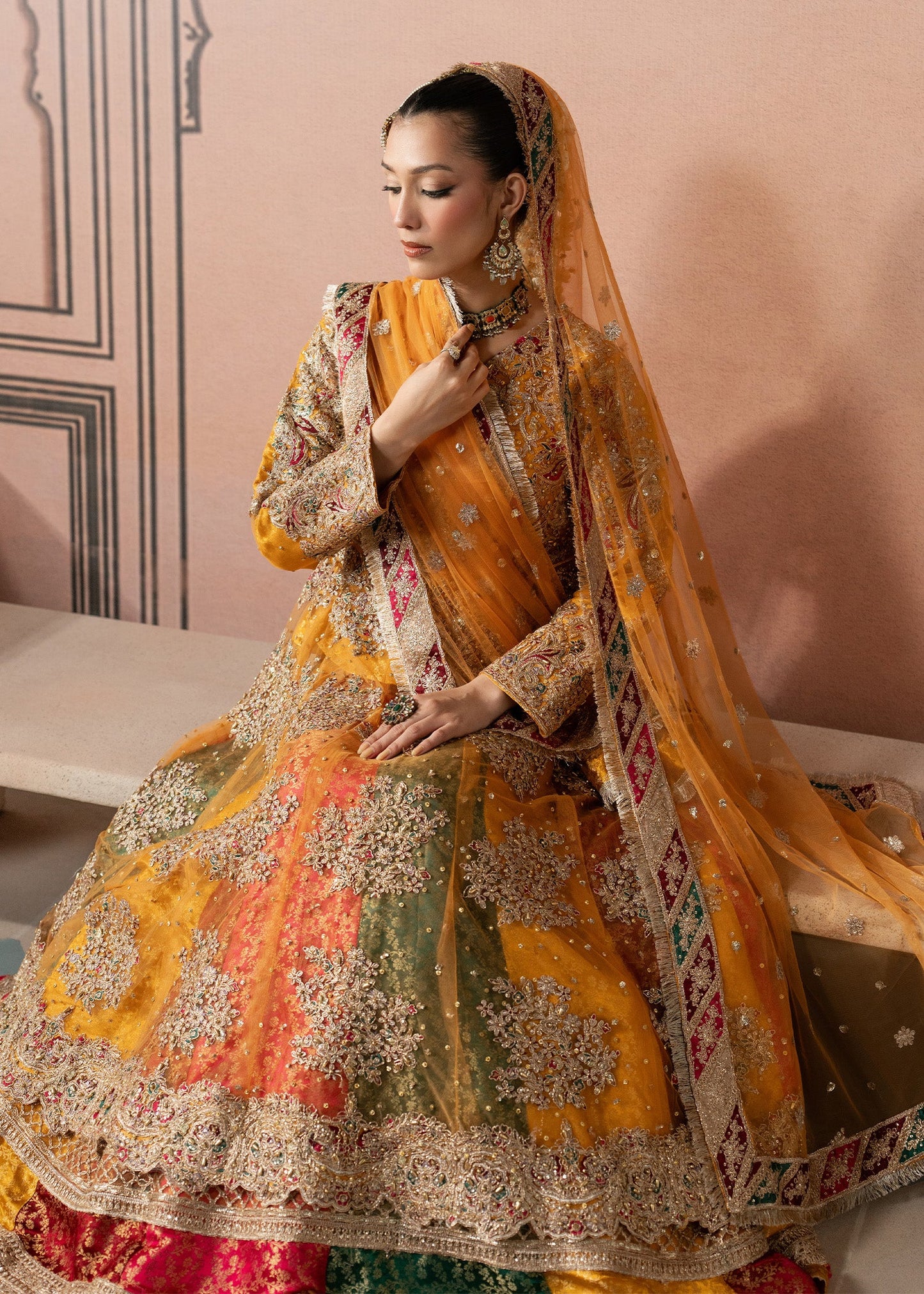 Elegant Golden Orange Wedding Guest Sharara Outfit Online in UK USA Canada