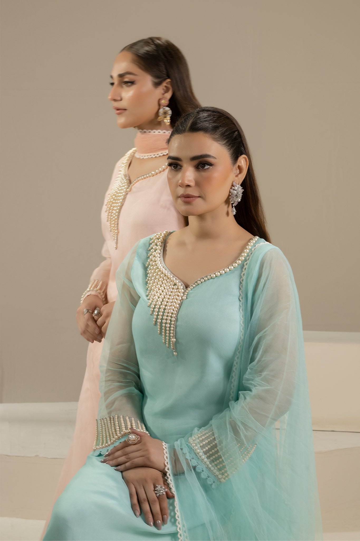 Cyan Pure Organza Suit with Pearl Work