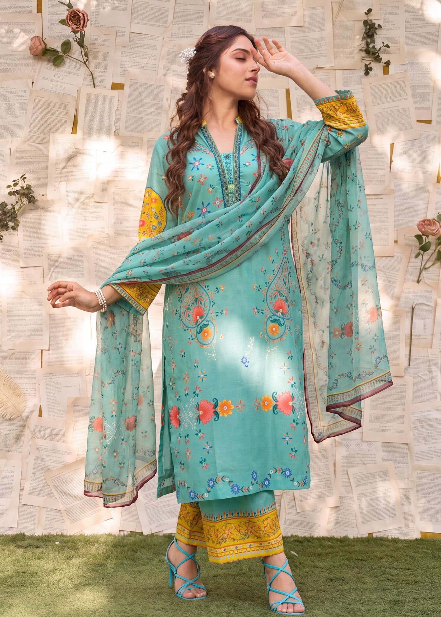Embellished Aquamarine Lawn Readymade Suit Online in Dubai UAE Abudhabi Ajman Sharjah