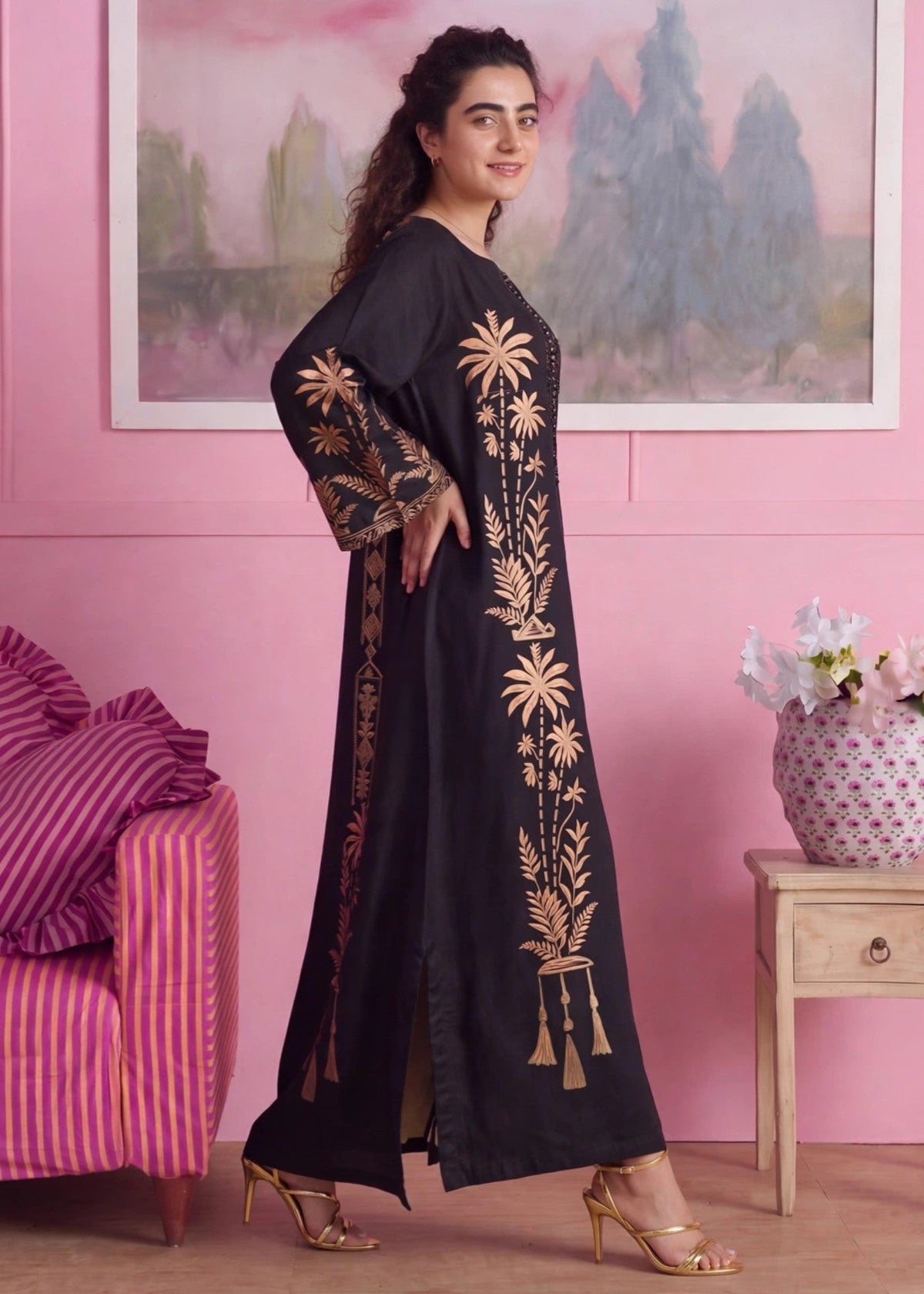 Embellished Black Linen Kaftan Online in Dubai DXB UAE Abudhabi Meena Bazaar