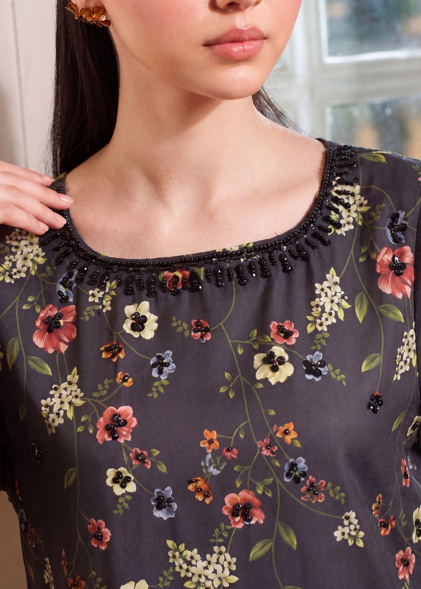 Embellished Black Poly Silk Kaftan Dress Online in Dubai UAE Abudhabi Ajman Sharjah