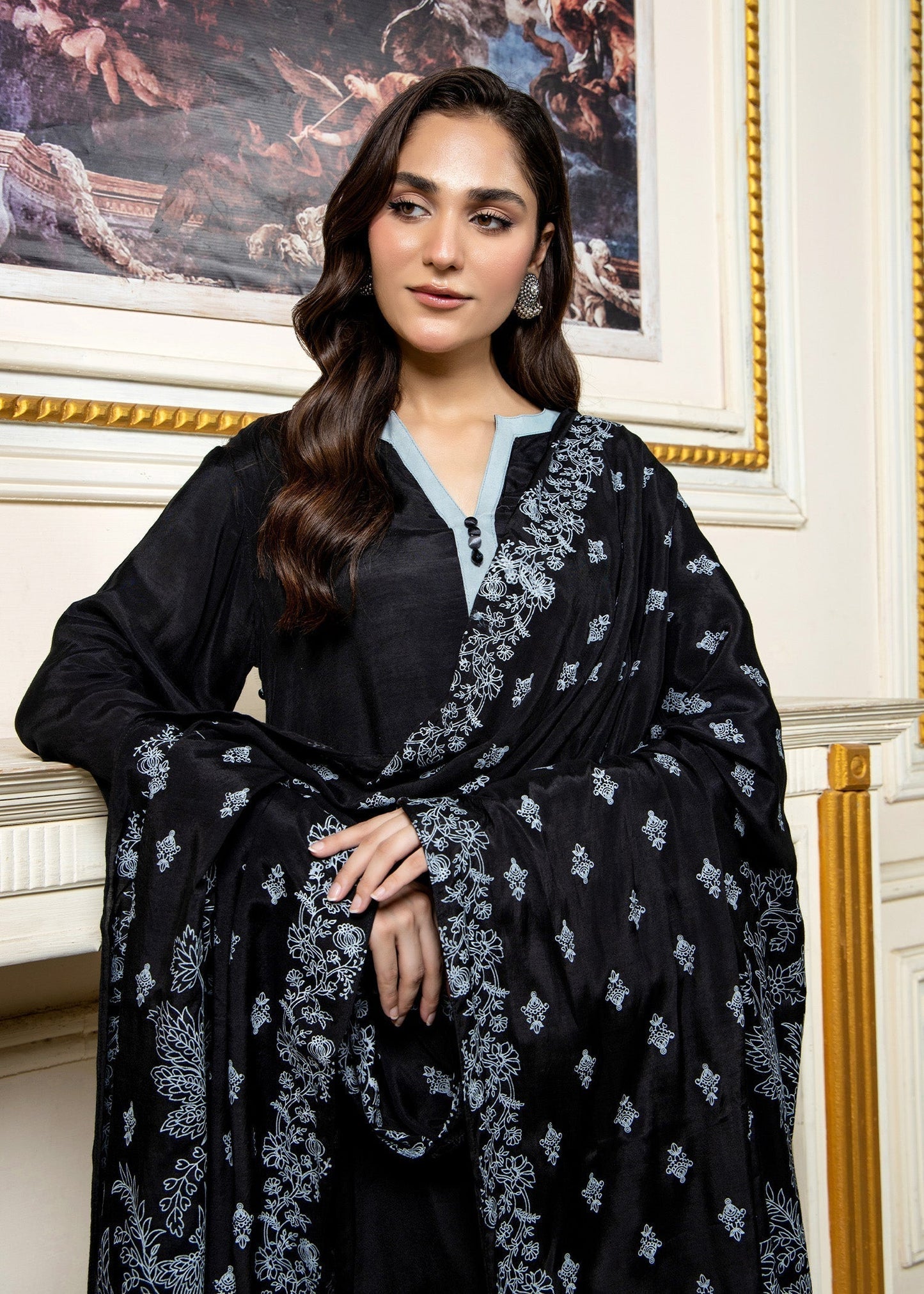 Embellished Black Viscose Farshi Shalwar Dress Online in Dubai UAE Abudhabi Ajman Sharjah