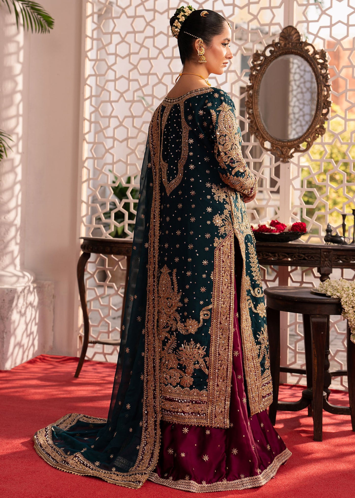 Embellished Charmuse Lehenga Set Bottle Green Online in Dubai UAE Abudhabi Ajman Sharjah