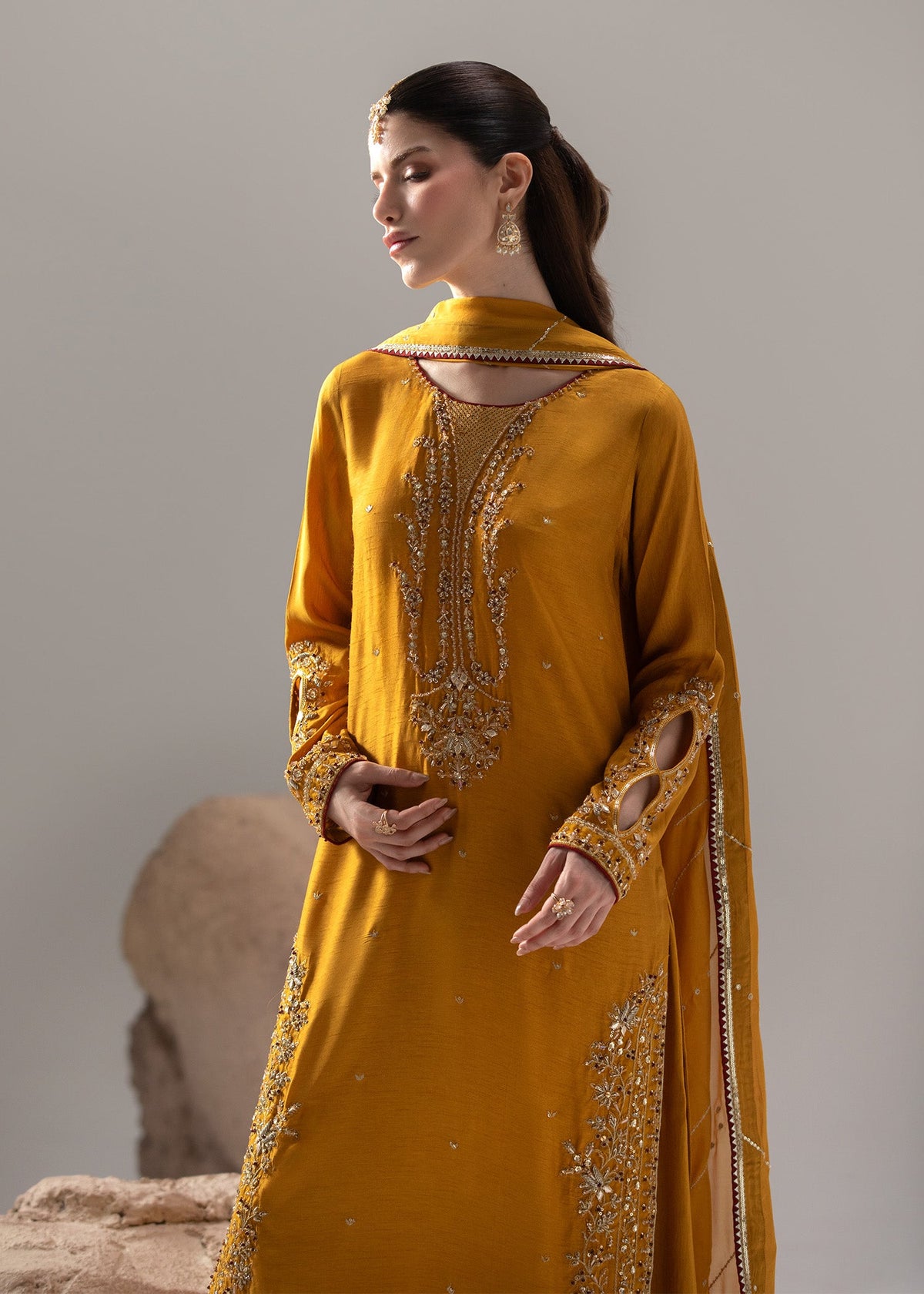 Mustard Raw Silk Embellished Pakistani Designer Suit Online in Dubai DXB UAE Abudhabi Meena Bazaar