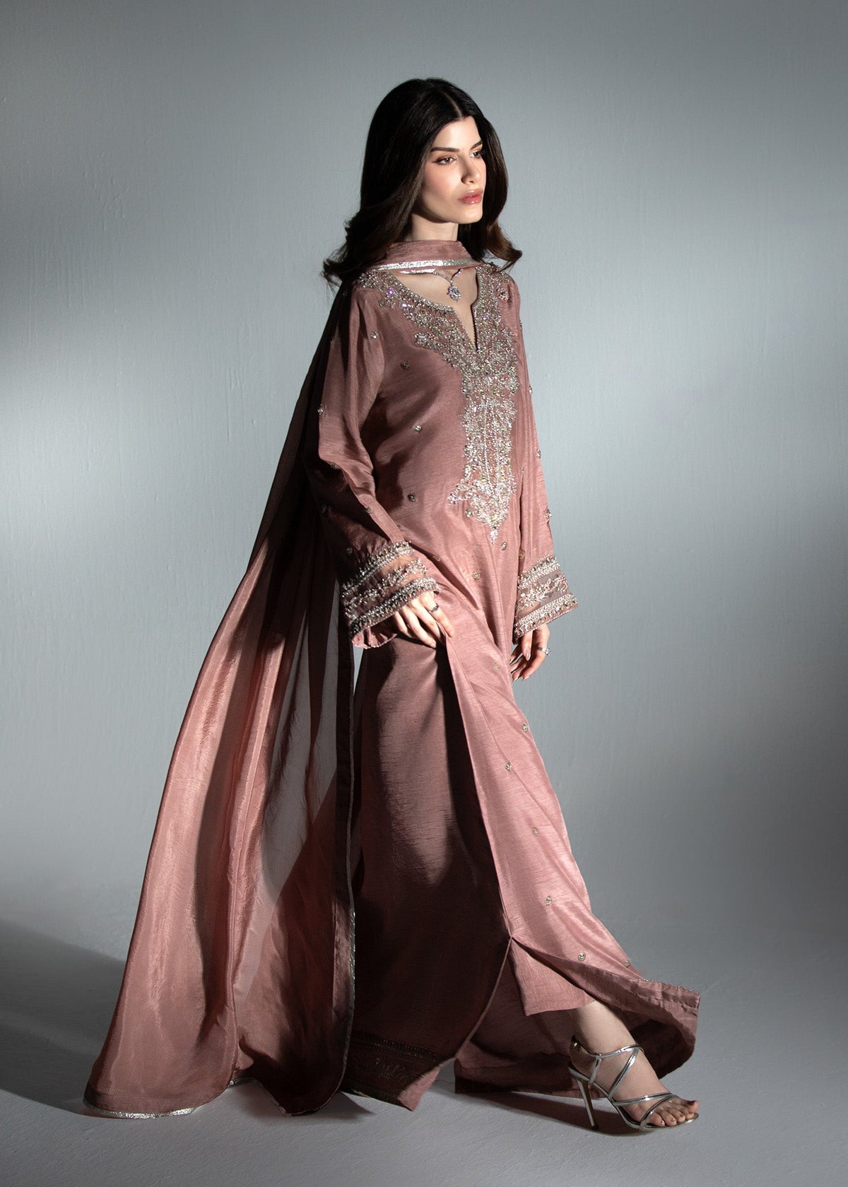 Pink Embroidered Raw Silk Kaftan Partywear Online in Dubai UAE Abudhabi Ajman Sharjah