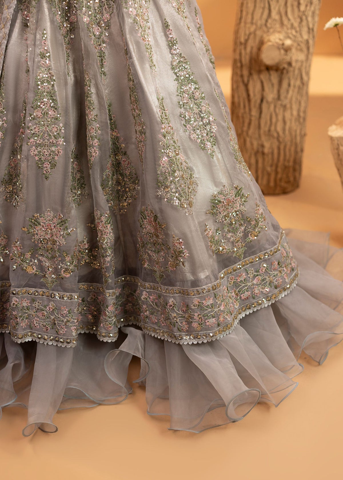 Grey Embroidered Organza Maxi Suit Online in Dubai UAE Abudhabi Ajman Sharjah