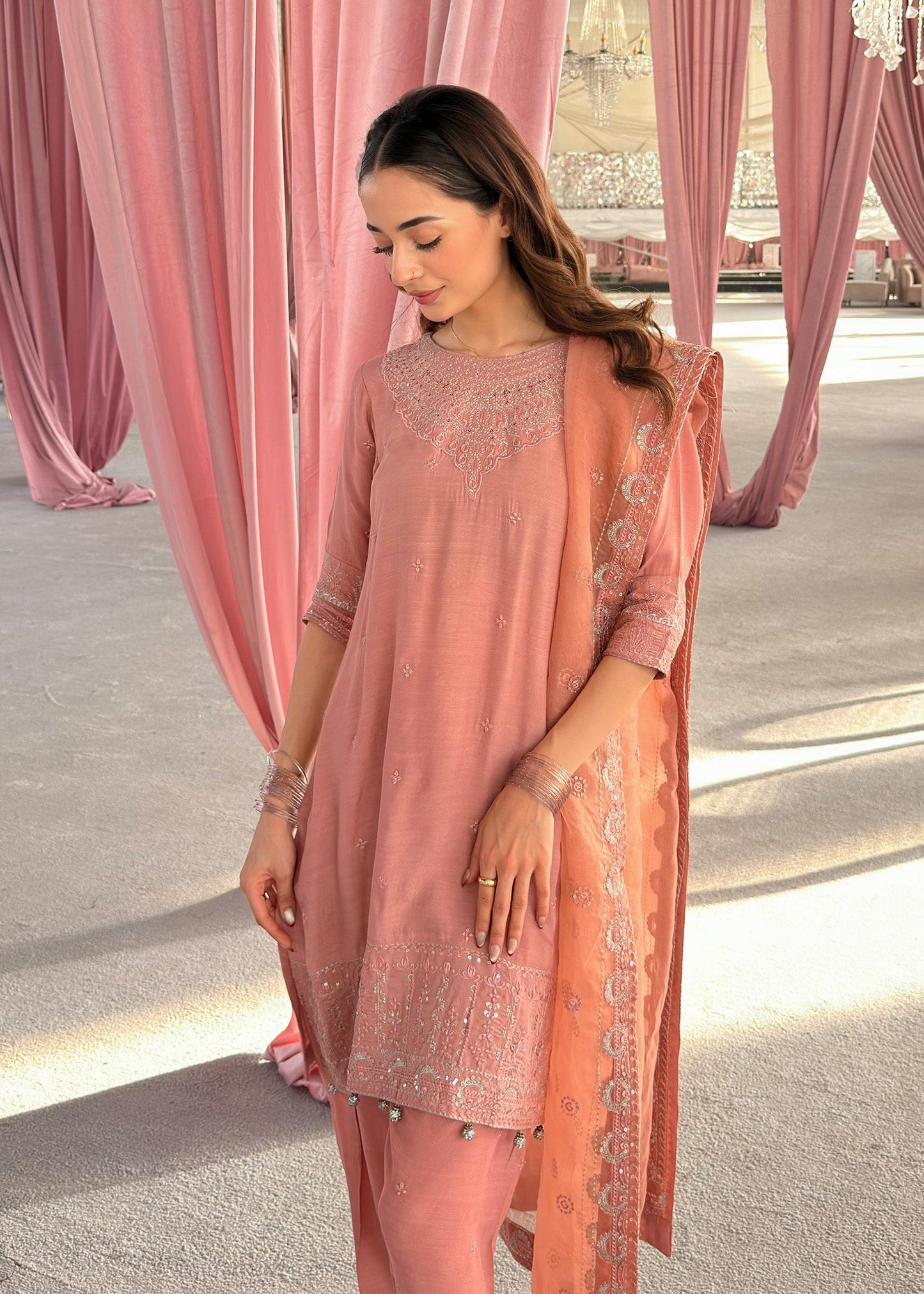 Embellished Peach Pink Raw Silk Shalwar Kameez Online in Sri Lanka India Australia