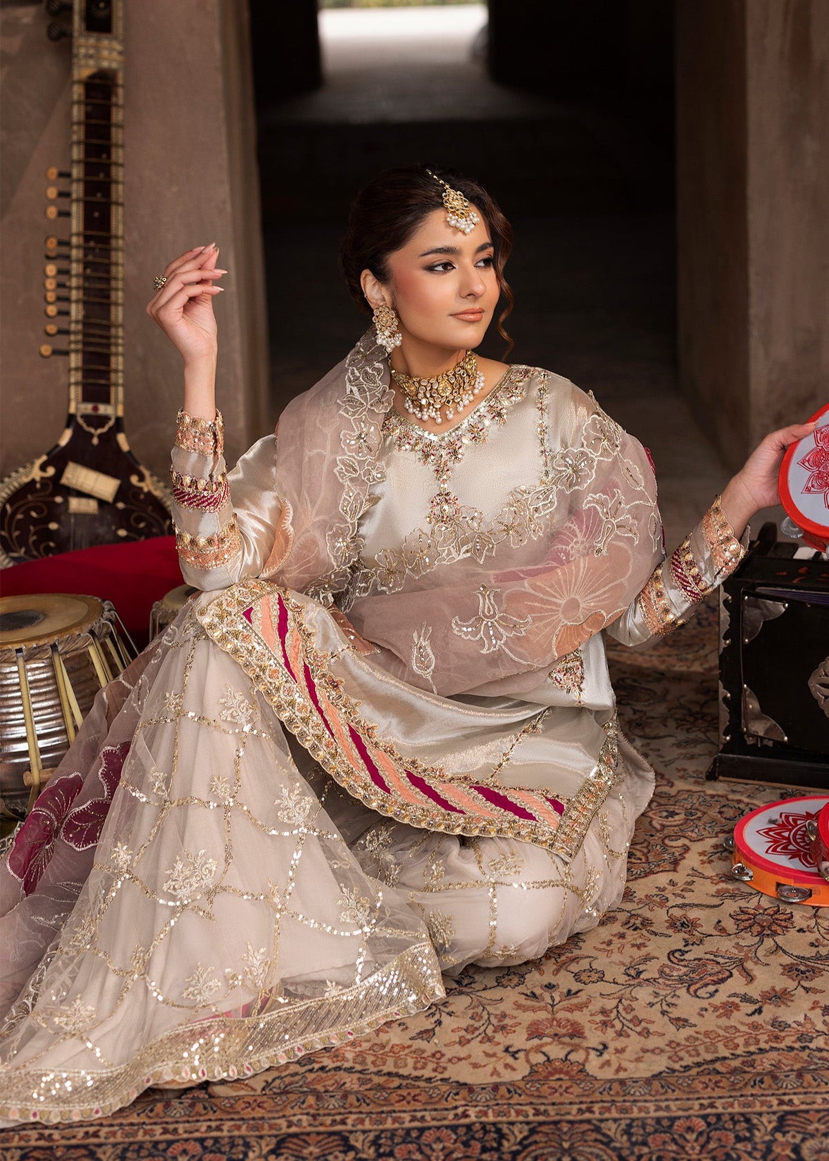 Embellished Silver Tissue Sharara with Organza Dupatta Online in UK USA Canada