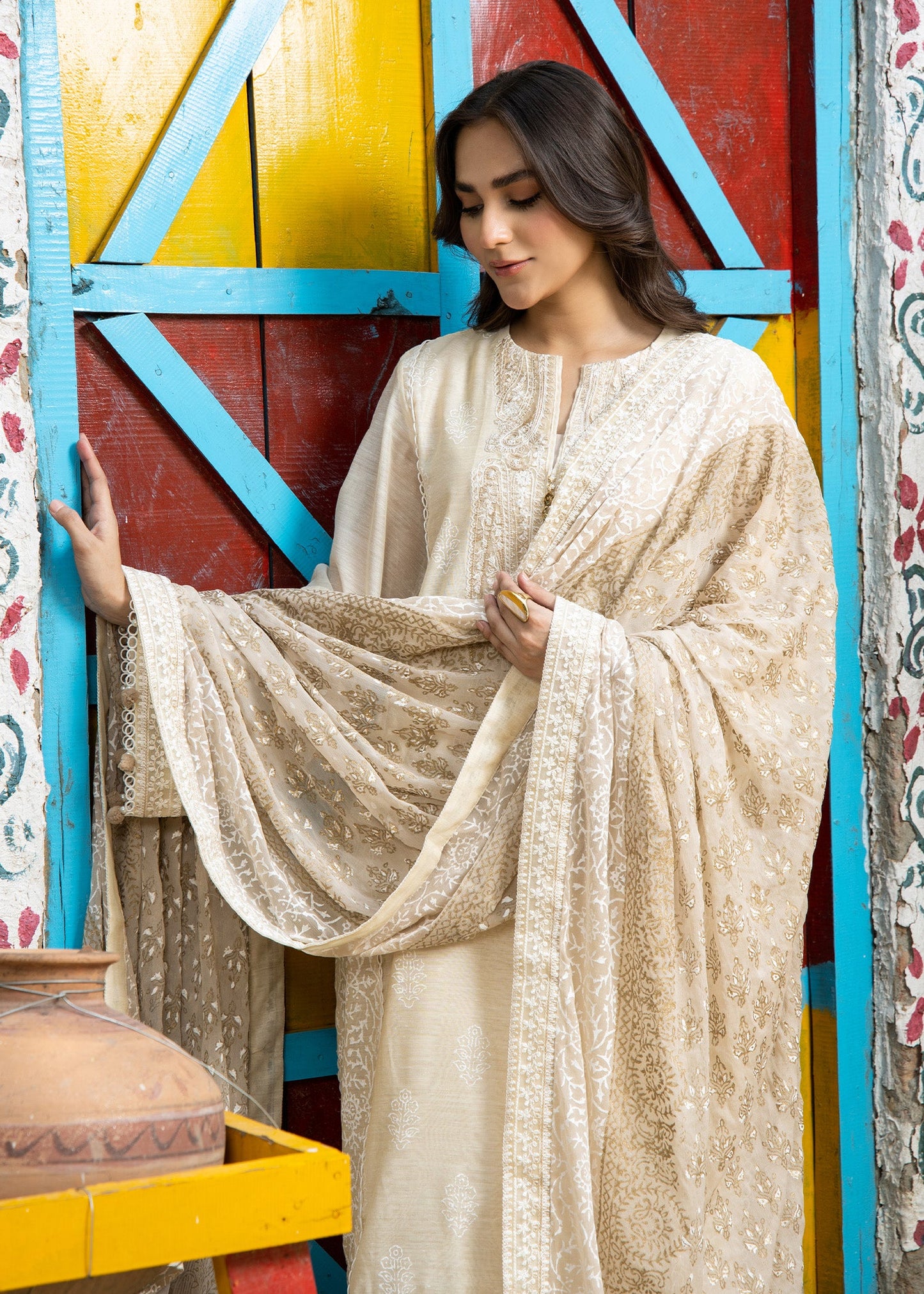 Embroidered Beige Cotton Silk Festive Suit Online in Dubai DXB UAE Abudhabi Meena Bazaar