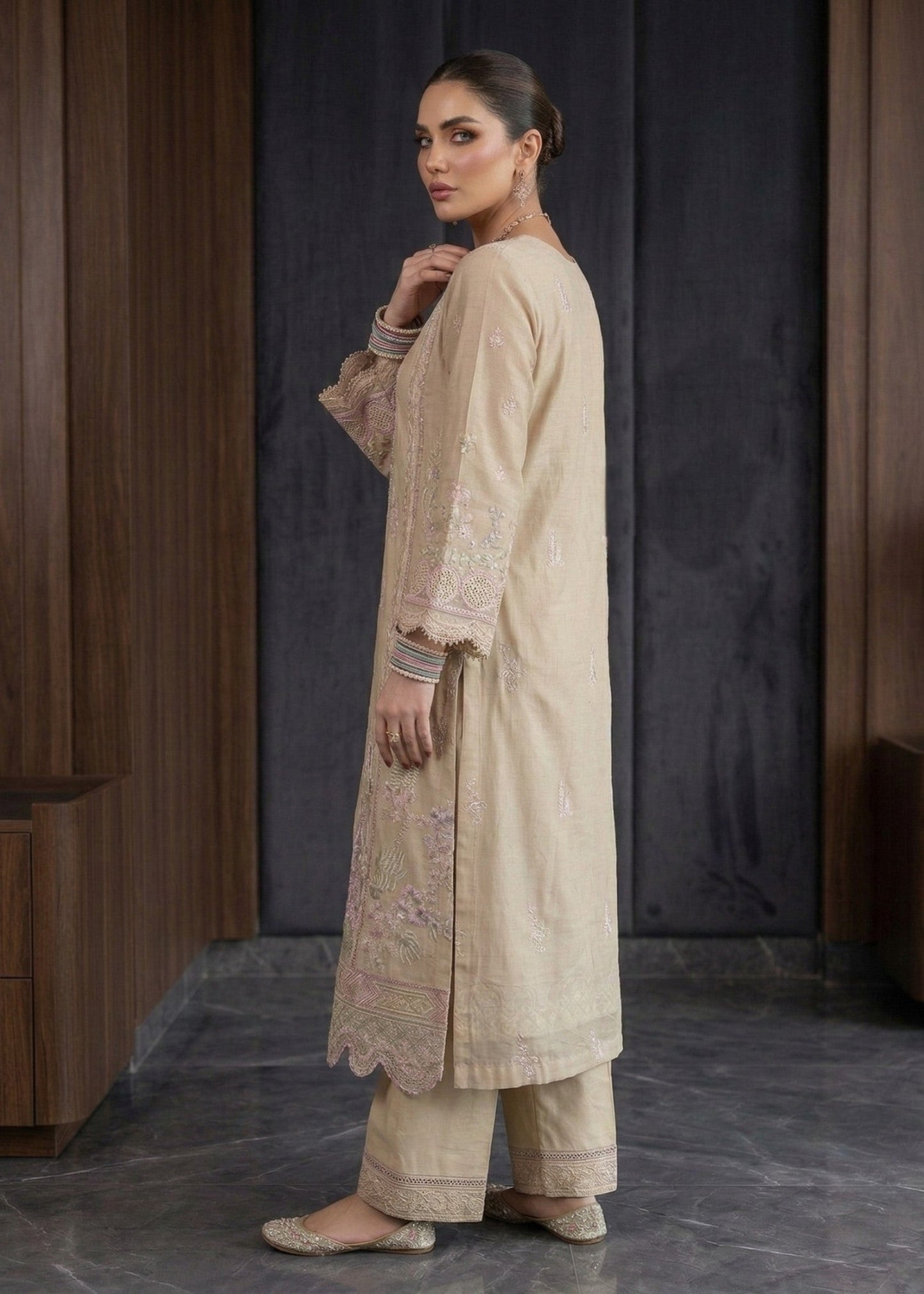 Embroidered Beige Lawn Festive Party Wear Suit Online in Sri Lanka India Australia