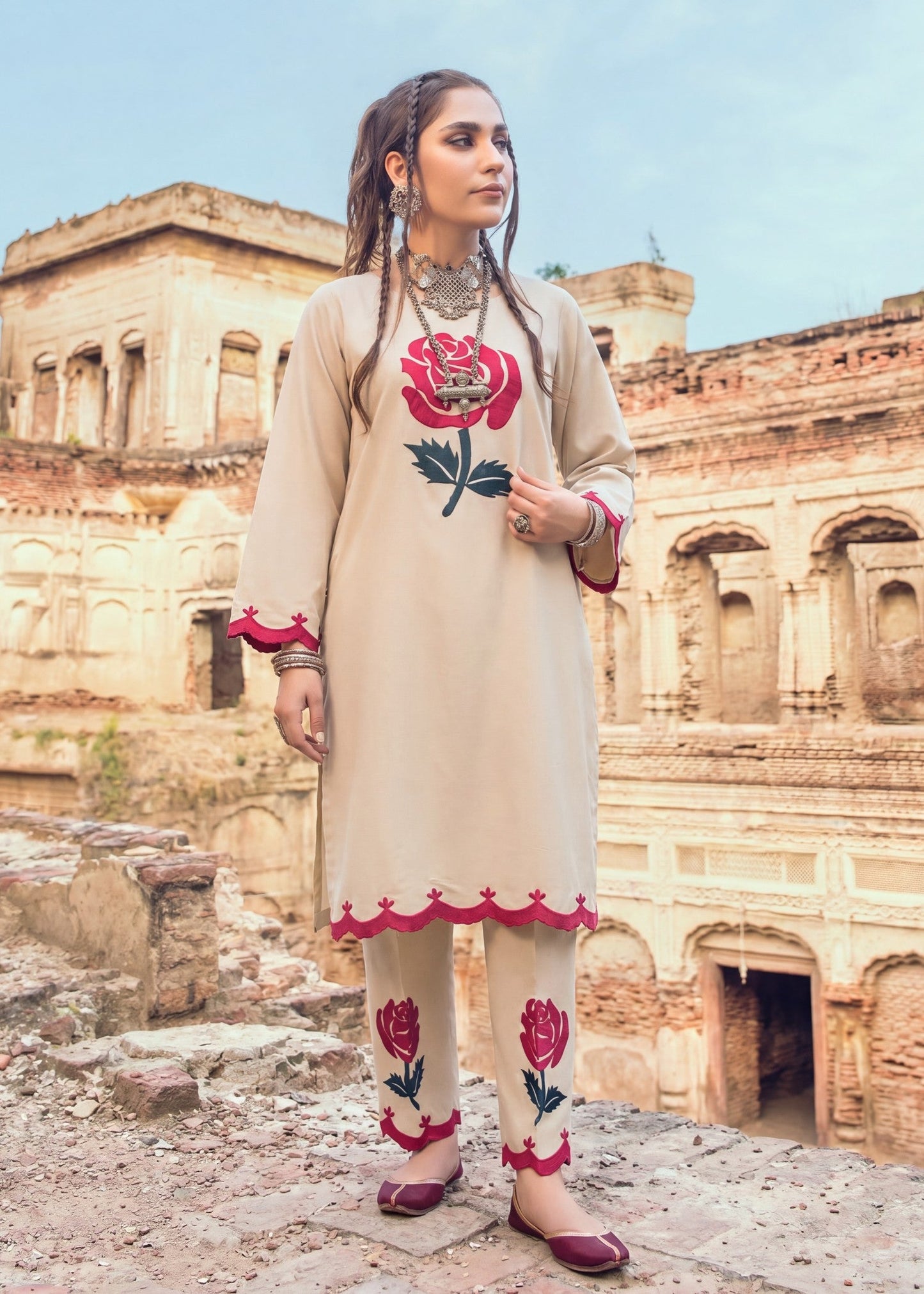 Embroidered Beige Lawn Ladies Suit Online in Dubai UAE Abudhabi Ajman Sharjah