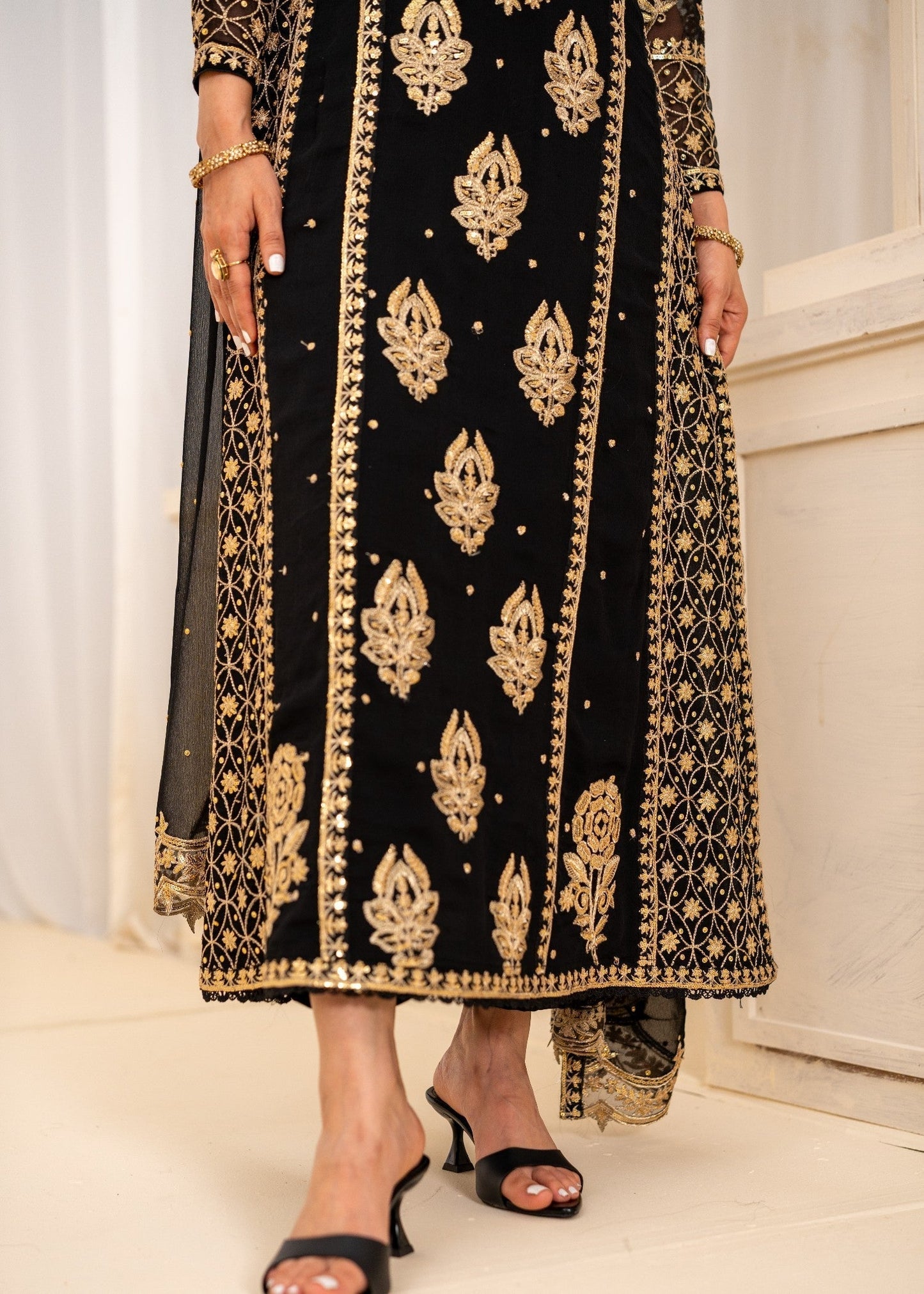 Embroidered Black Bemberg Crinkle Chiffon Kurta with Trouser Online in Sri Lanka India Australia