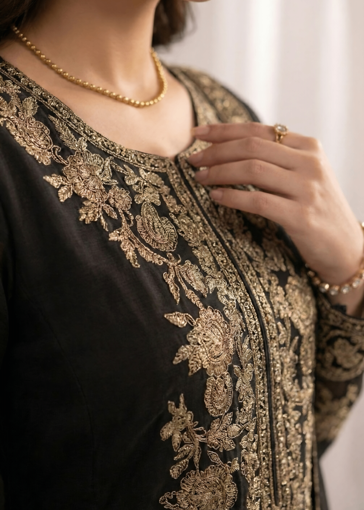 Embroidered Black Crinkle Chiffon Kattan Silk Suit Online in Dubai UAE Abudhabi Ajman Sharjah