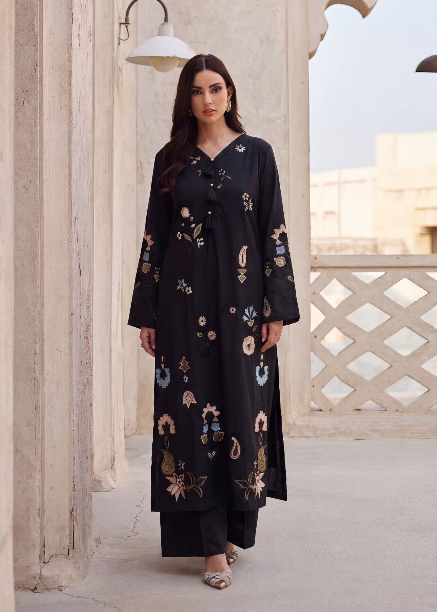 Embroidered Black Lawn Kurta Pajama Online in KSA Riyadh Saudi Arabia Oman Bahrain Qatar