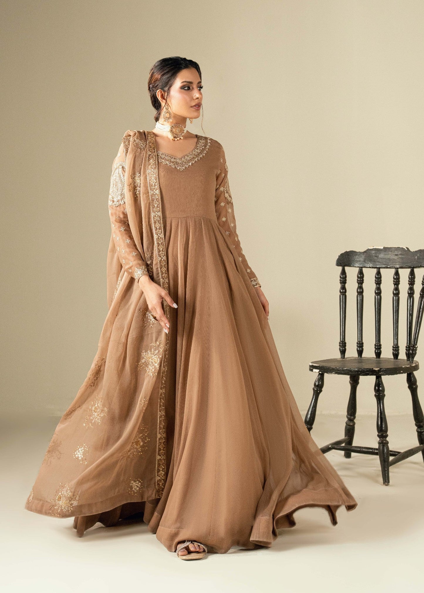 Embroidered Caramel Brown Chiffon Kurta Set Online in Dubai DXB UAE Abudhabi Meena Bazaar