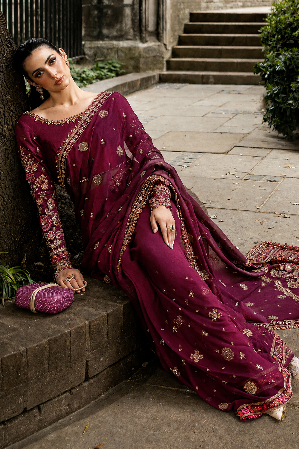 Embroidered Chiffon Saree with Patti Pallu Online in UK USA Canada