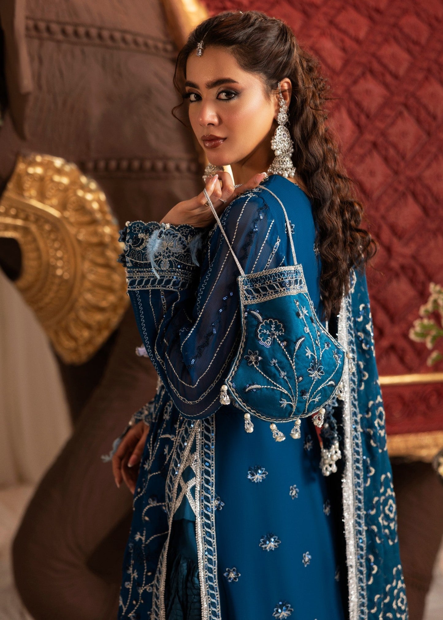 Embroidered Cobalt Blue Chiffon Wedding Guest Suit Online in Dubai UAE Abudhabi Ajman Sharjah