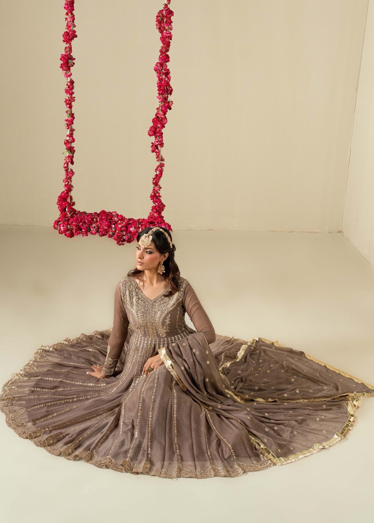 Embroidered Coffee Chiffon Pishwas Salwar Kameez Online in Dubai UAE Abudhabi Ajman Sharjah