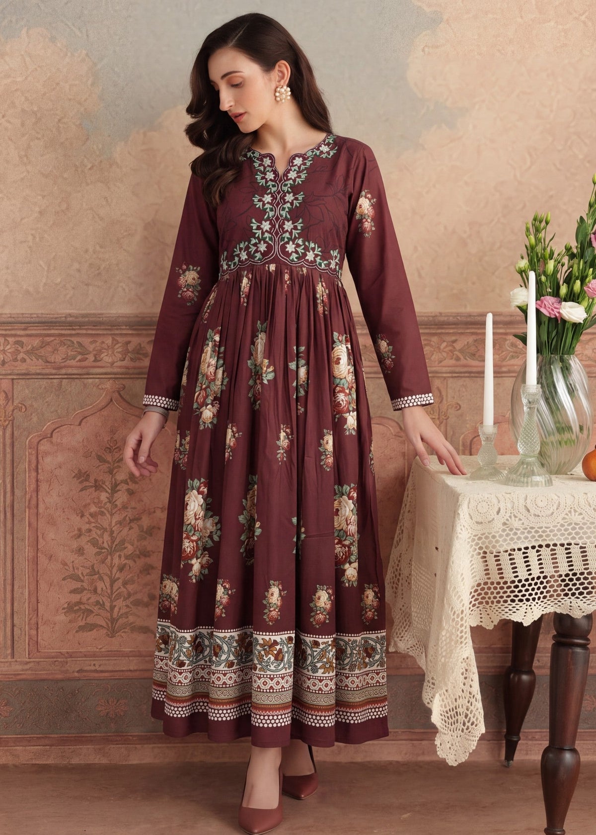 Embroidered Dark Brown Anarkali Dress Material Online in Dubai DXB UAE Abudhabi Meena Bazaar