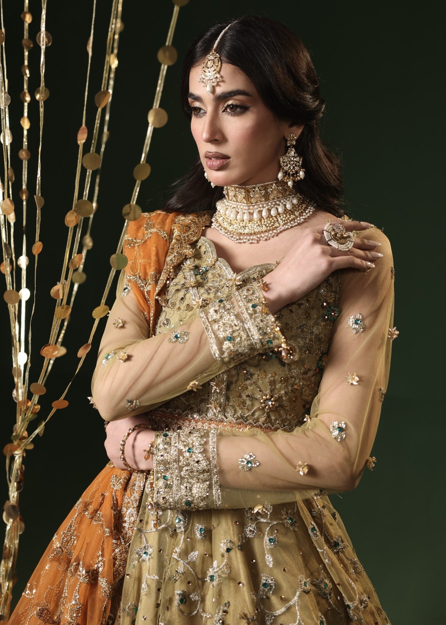 Embroidered Gold Net Lehenga Gown Online in KSA Riyadh Saudi Arabia Oman Bahrain Qatar