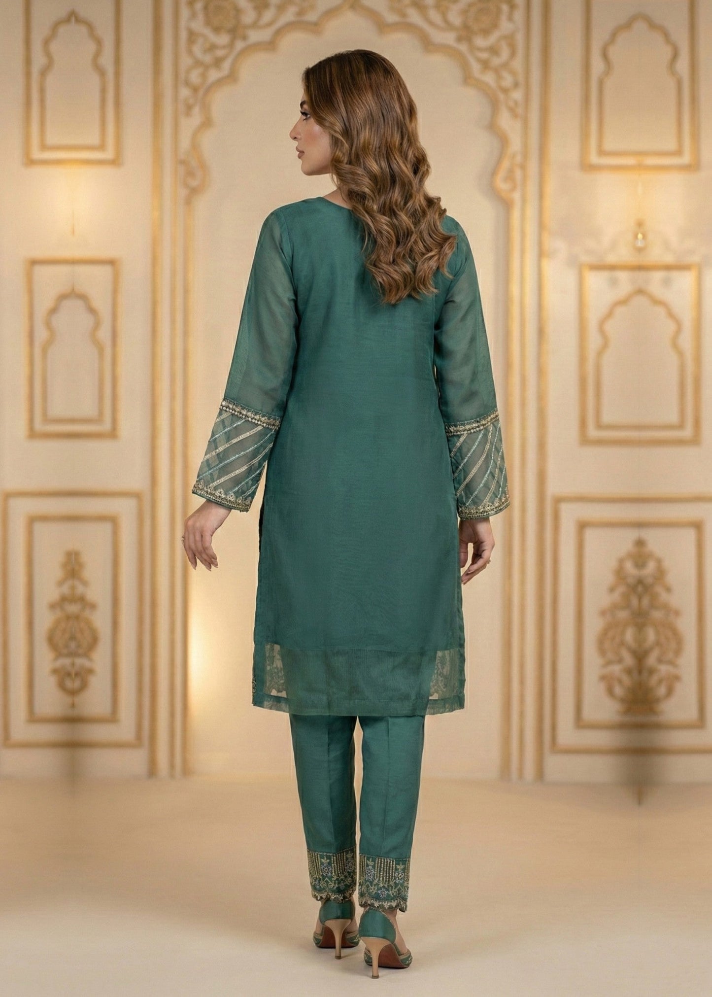 Embroidered Green Organza Pakistani Dress Material Online in Dubai DXB UAE Abudhabi Meena Bazaar