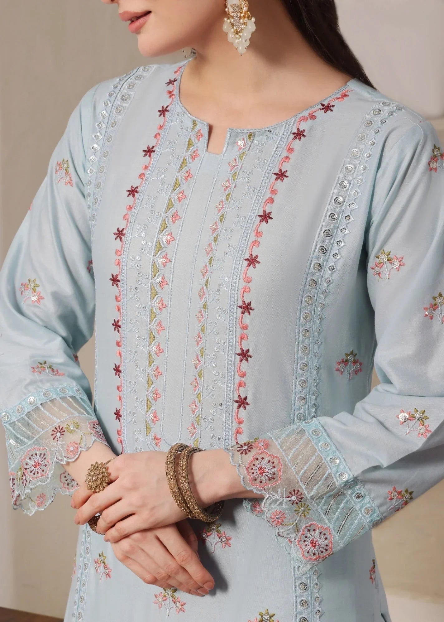 Embroidered Ice Blue Lawn Cotton Straight Kurta Set Online in Dubai DXB UAE Abudhabi Meena Bazaar