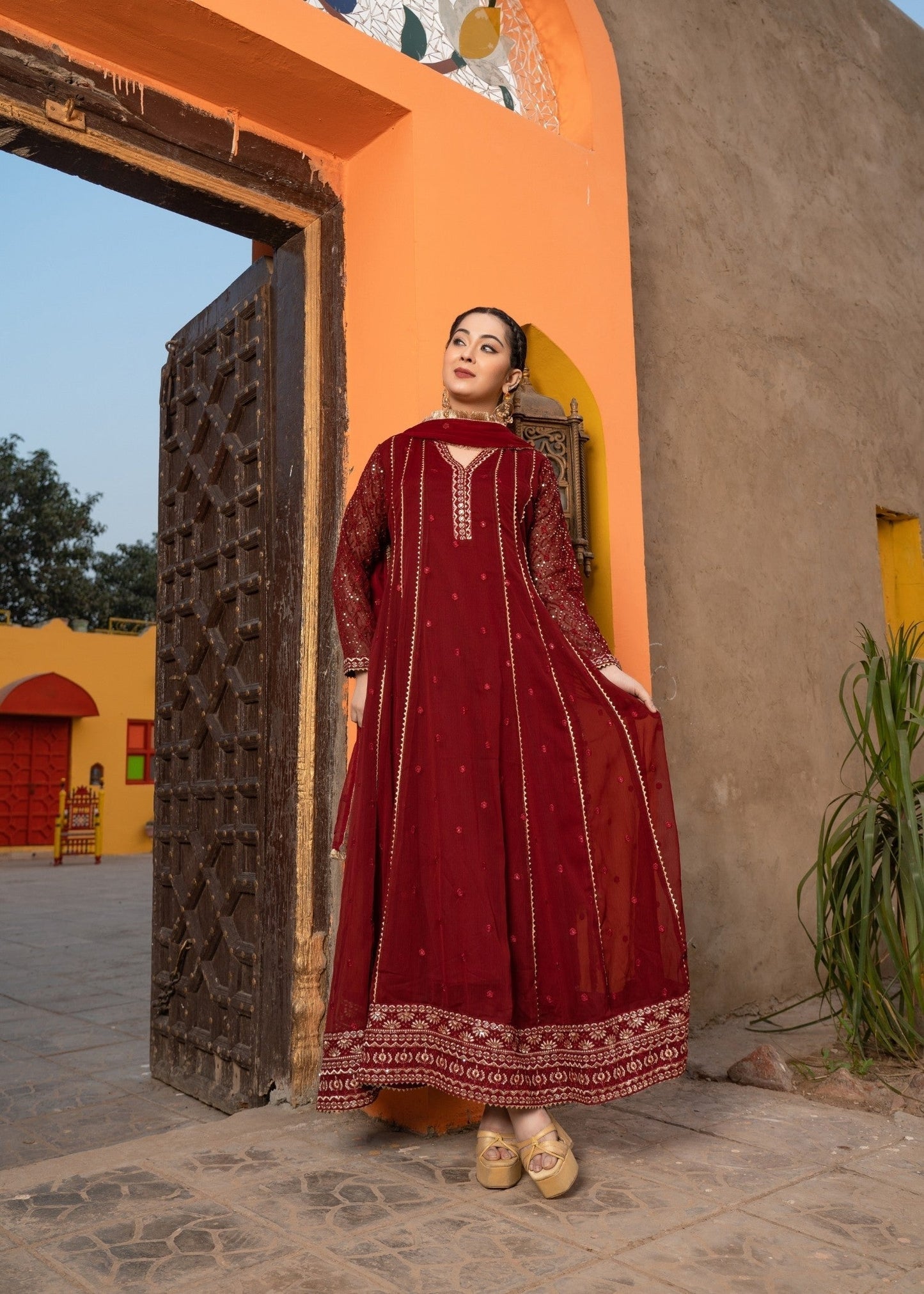 Embroidered Maroon Chiffon Flared Top Suit Online in Sri Lanka India Australia