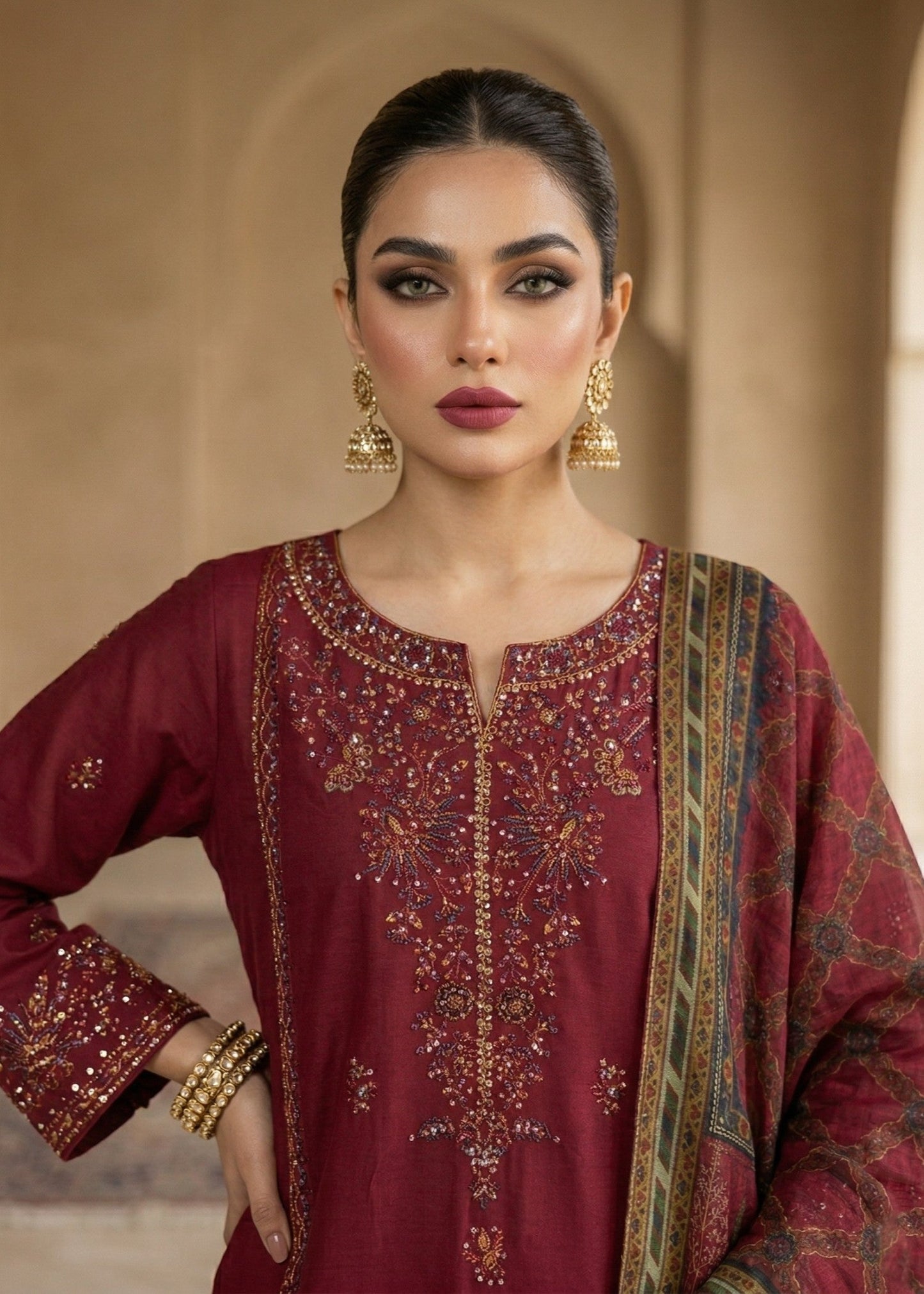Embroidered Maroon Lawn 3 Piece Suit Online in Sri Lanka India Australia