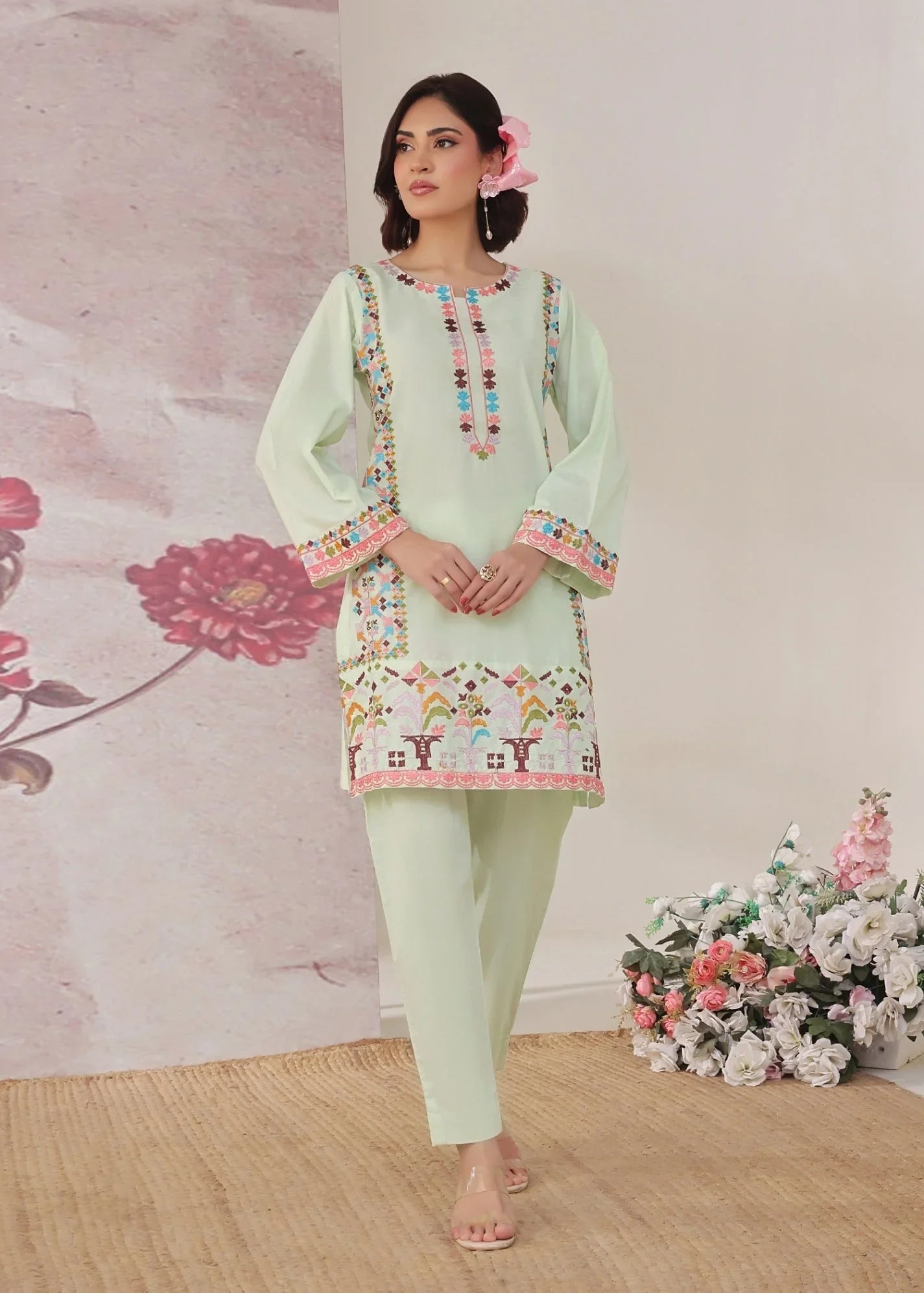 Embroidered Mint Green Cotton Kurta Set with Trouser Online in Dubai DXB UAE Abudhabi Meena Bazaar
