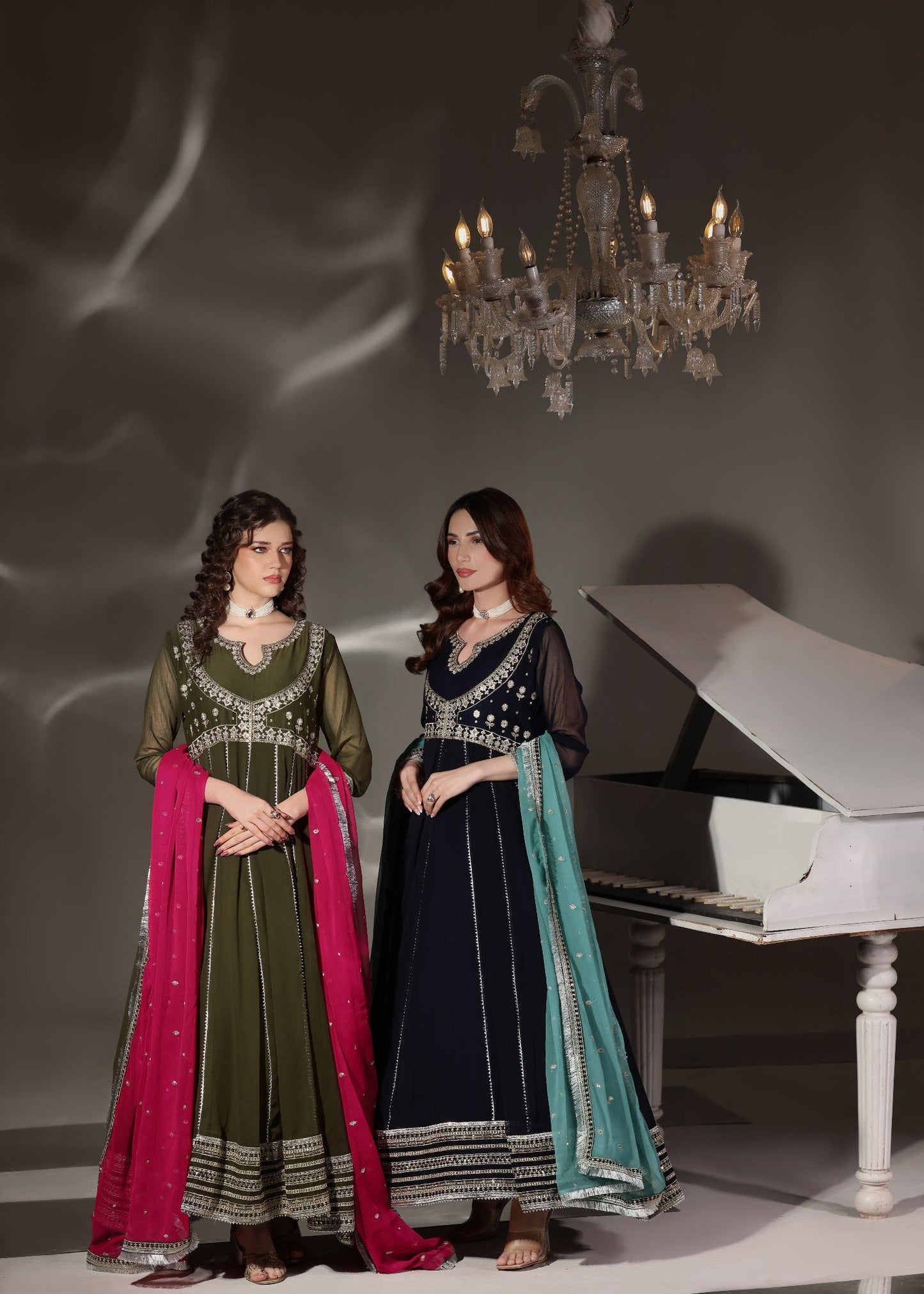 Embroidered Navy Blue Chiffon 3 Piece Suit Online in Dubai UAE Abudhabi Ajman Sharjah