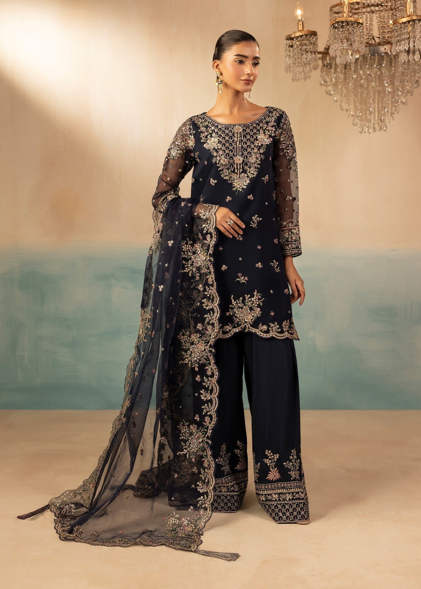 Embroidered Navy Blue Raw Silk Party Wear Farshi Shalwar Online in KSA Riyadh Saudi Arabia Oman Bahrain Qatar