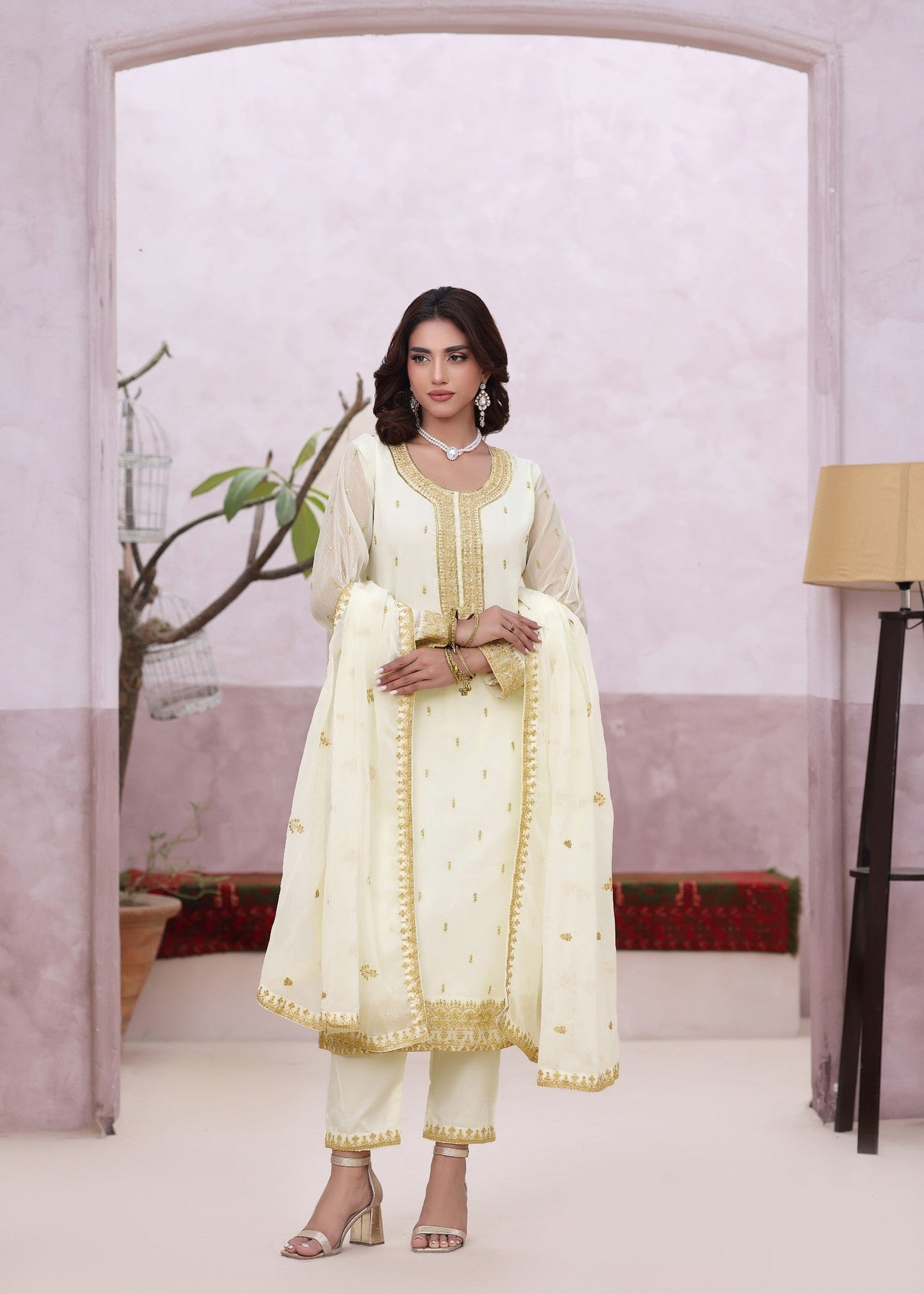 Embroidered Off White Chiffon Dupatta Set Online in Dubai DXB UAE Abudhabi Meena Bazaar