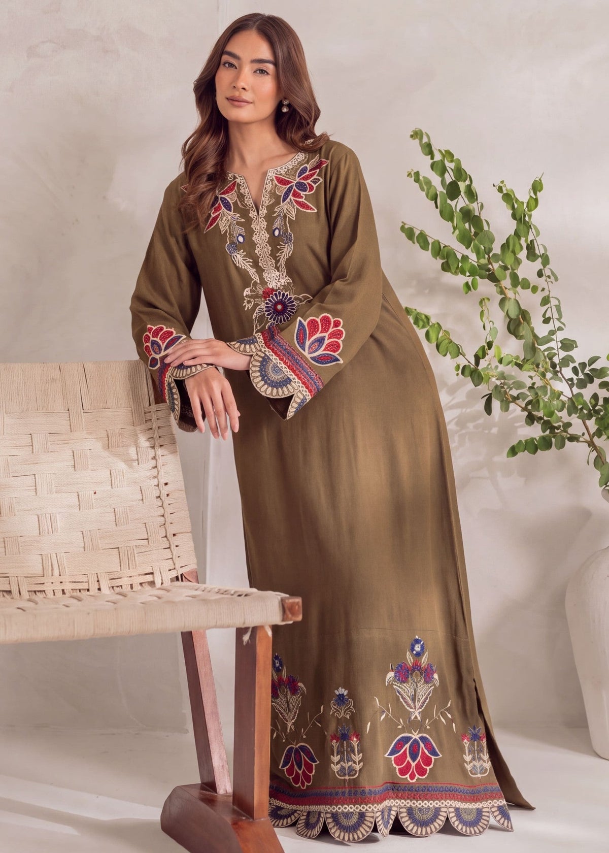 Embroidered Olive Green Kaftan Online in KSA Riyadh Saudi Arabia Oman Bahrain Qatar